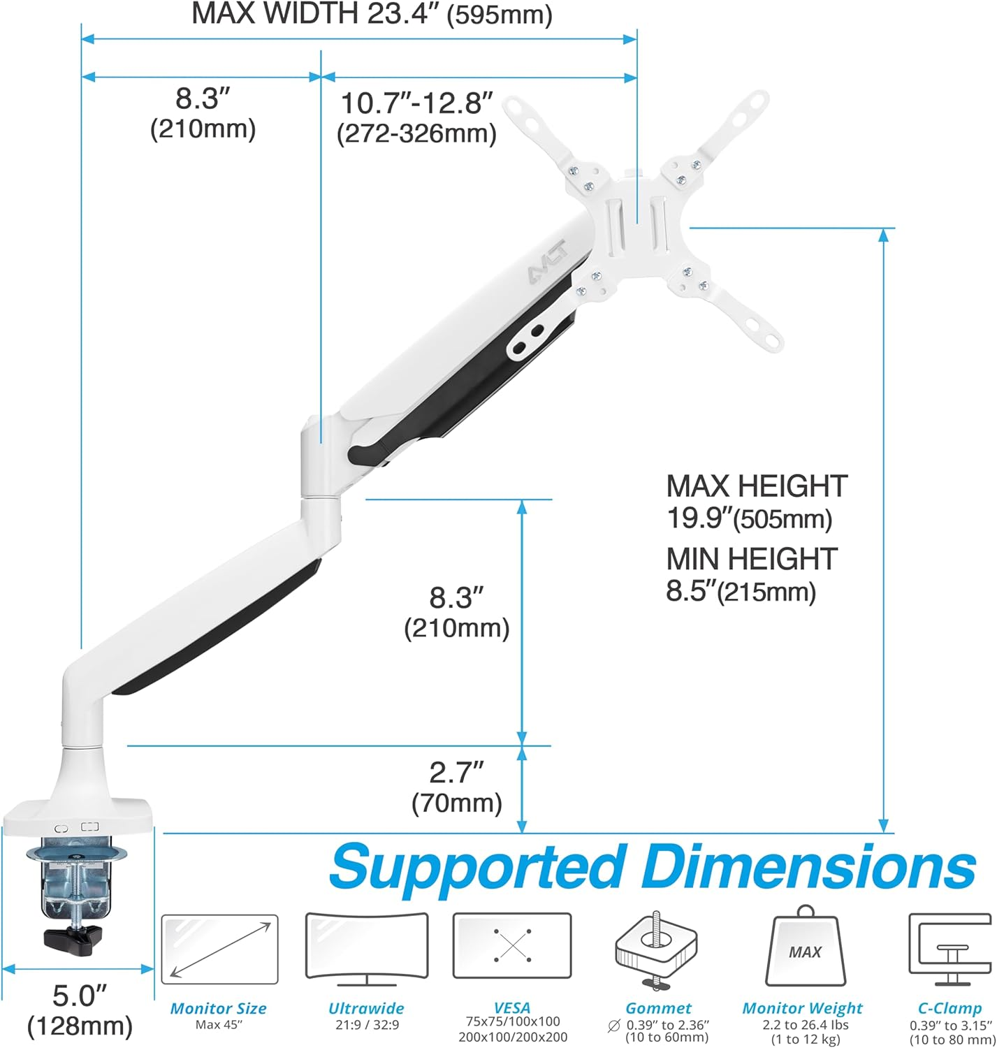 AVLT Single Monitor Arm Desk Mount for 17"-45" Ultrawide Screens, Full Motion Adjustable Height, Swivel, Tilt, Rotation, VESA Compatible with Cable Management (White) image number 3