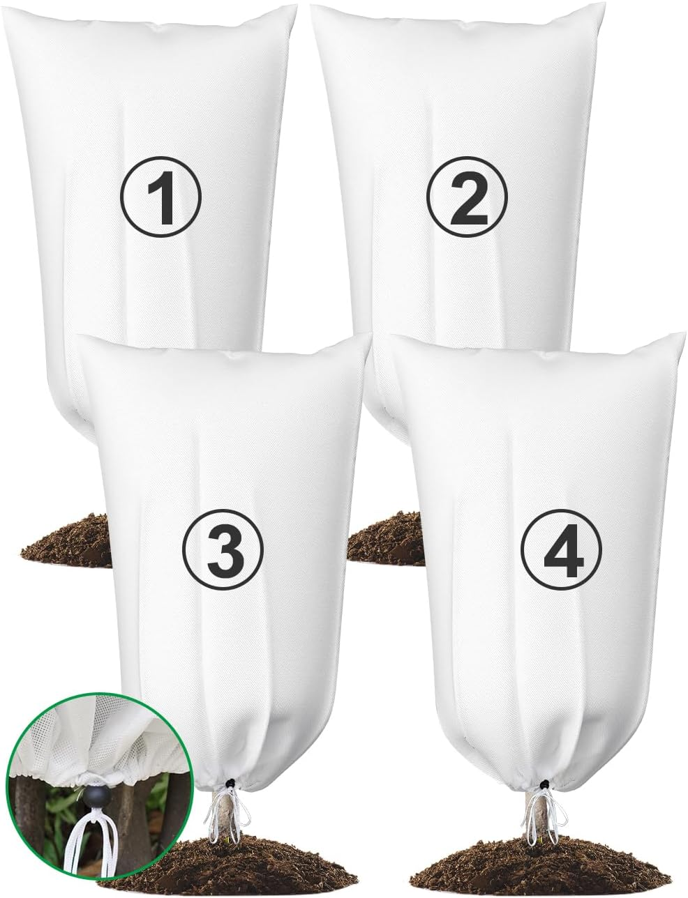 TOYPOPOR 4 Packs Plant Covers Freeze Protection, 32"X47" 2.8Oz/Yd&sup2; Heavy Duty Winter Cold Weather Frost Cloth Blankets, Garden Warm Jacket Bags with Drawstring Design for Outdoor Shrub Bush Fruit Tree image number 4