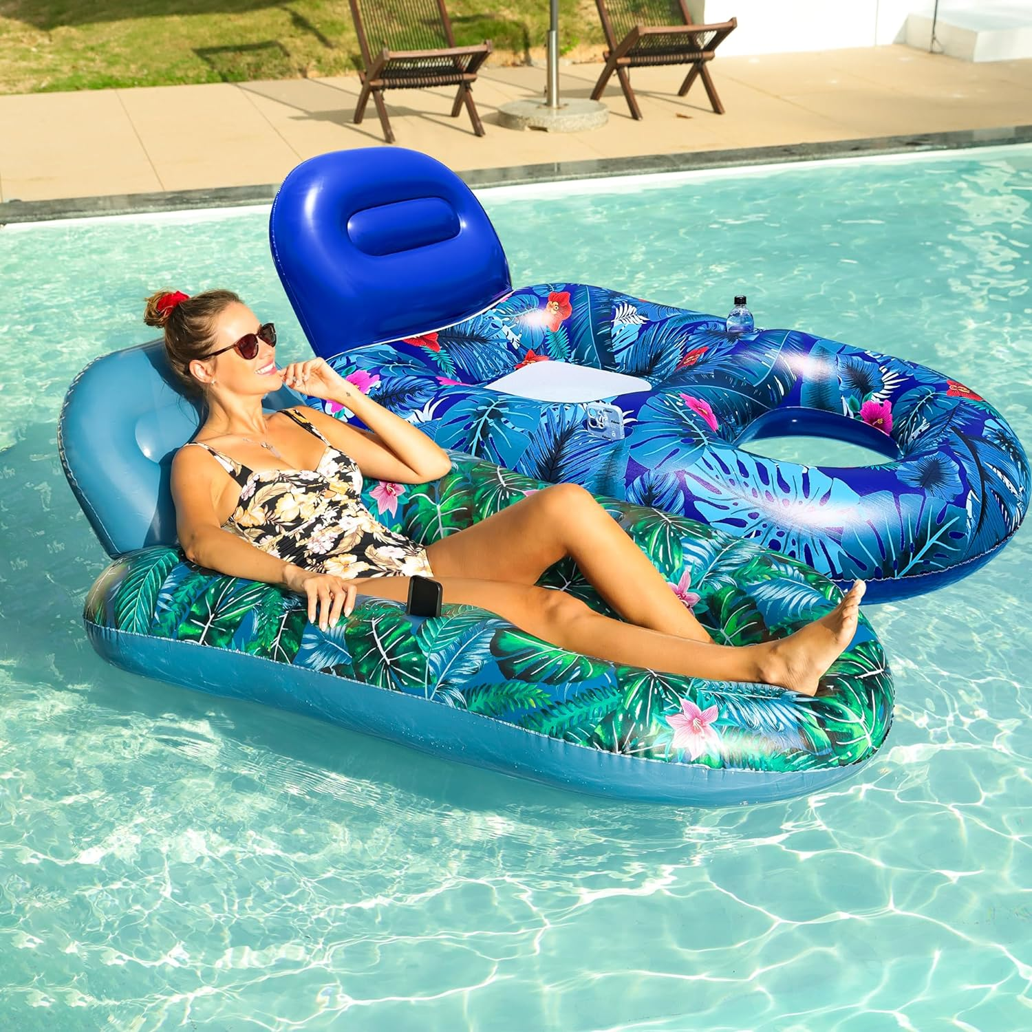 Finduwill Pool Floats Chairs Adult - 2 Pack 65'' X 42'' Large Pool Float Chairs, Inflatable Pool Lounger with Cup Phone Holder, Backrest, Footrest, Tanning Pool Lounge
