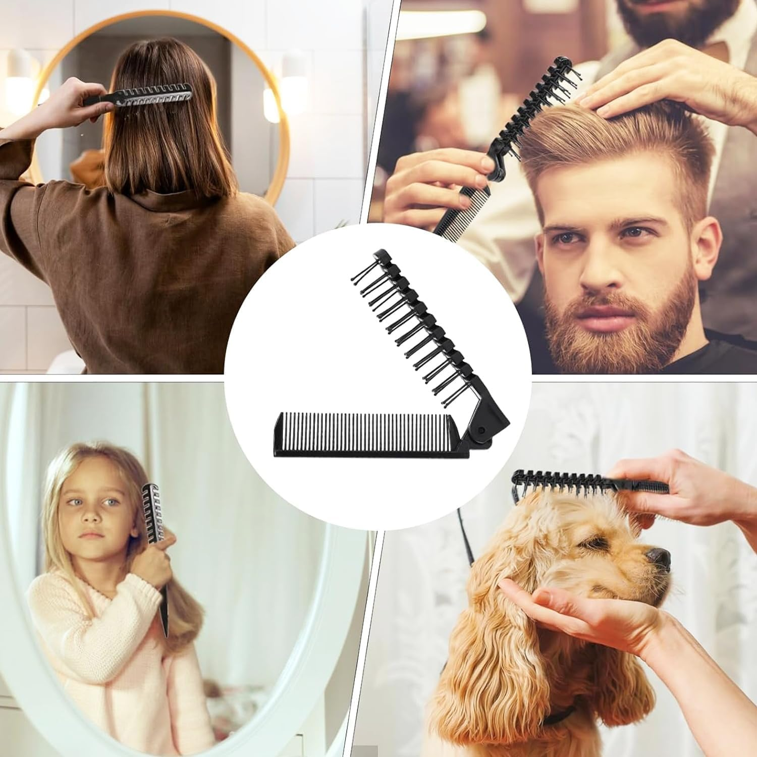 Pack of 3 Foldable Hair Brush and Comb, Plastic Portable Travel Hair Brush Bag, Hair Comb, Double Head Massage Hair Comb for Thick Thin Hair (Black, Blue, Pink) image number 4