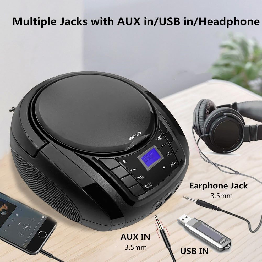 Portable Boombox - CD Player, Bluetooth, USB, MP3, AUX, FM Radio, Portable, Built-In Stereo Speakers, Carrying Handle, LCD Display, Black image number 1
