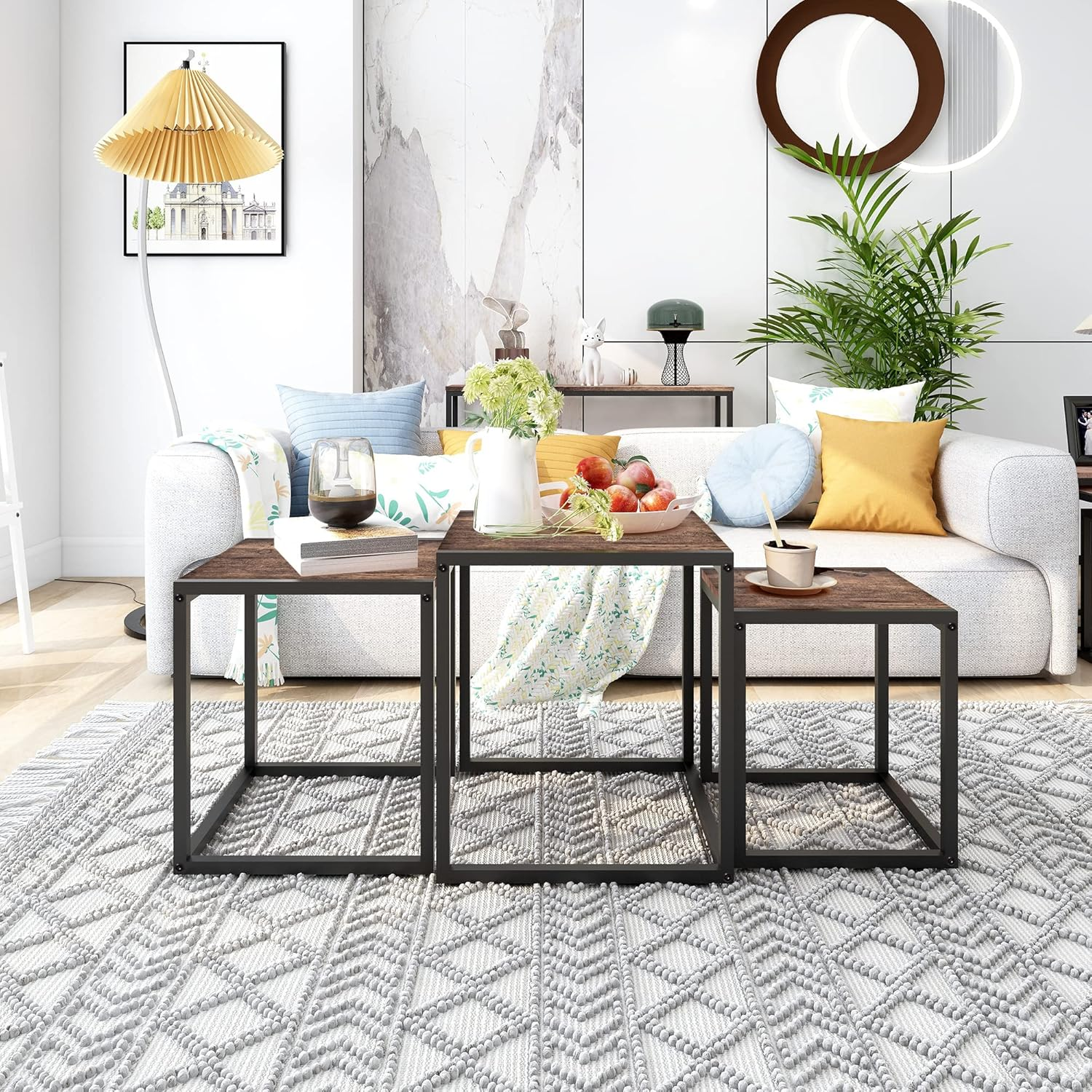 Nesting Table Set of 3 End Tables, Modern Minimalist Coffee Table, Stackable Tables with Metal Wood Stacking Side Table for Living Room, Bedroom, Brown/Black image number 1