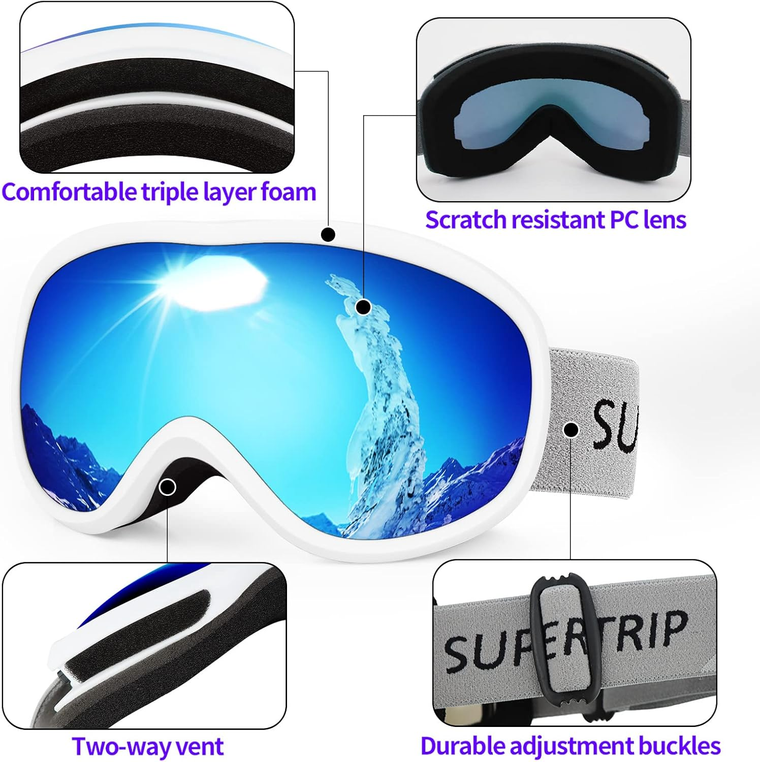 Supertrip Snow Ski Goggles Anti-Fog 100% UV Protection Snowboard image number 3