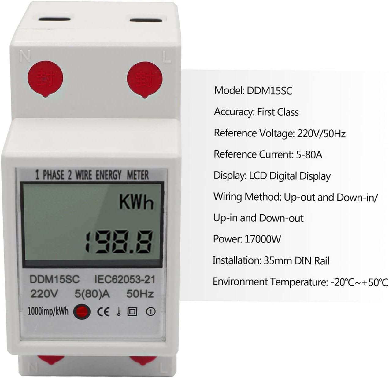 LCD Digital Display Single Phase Din-Rail Energy Meter 5-80A 220V-240V 50Hz Electronic Kwh Meter Power Consumption Monitor DDM15SC image number 4
