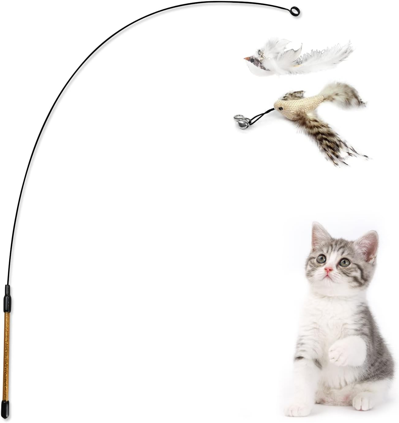 Andiker Interactive Cat Toy with Bell, Cat Wand with 2 Artificial Birds Replacement, Cat Feather Wand for Playing and Training, Funny Cat Sticks for Indoor and Outdoor Exercise (Blue+Brown)