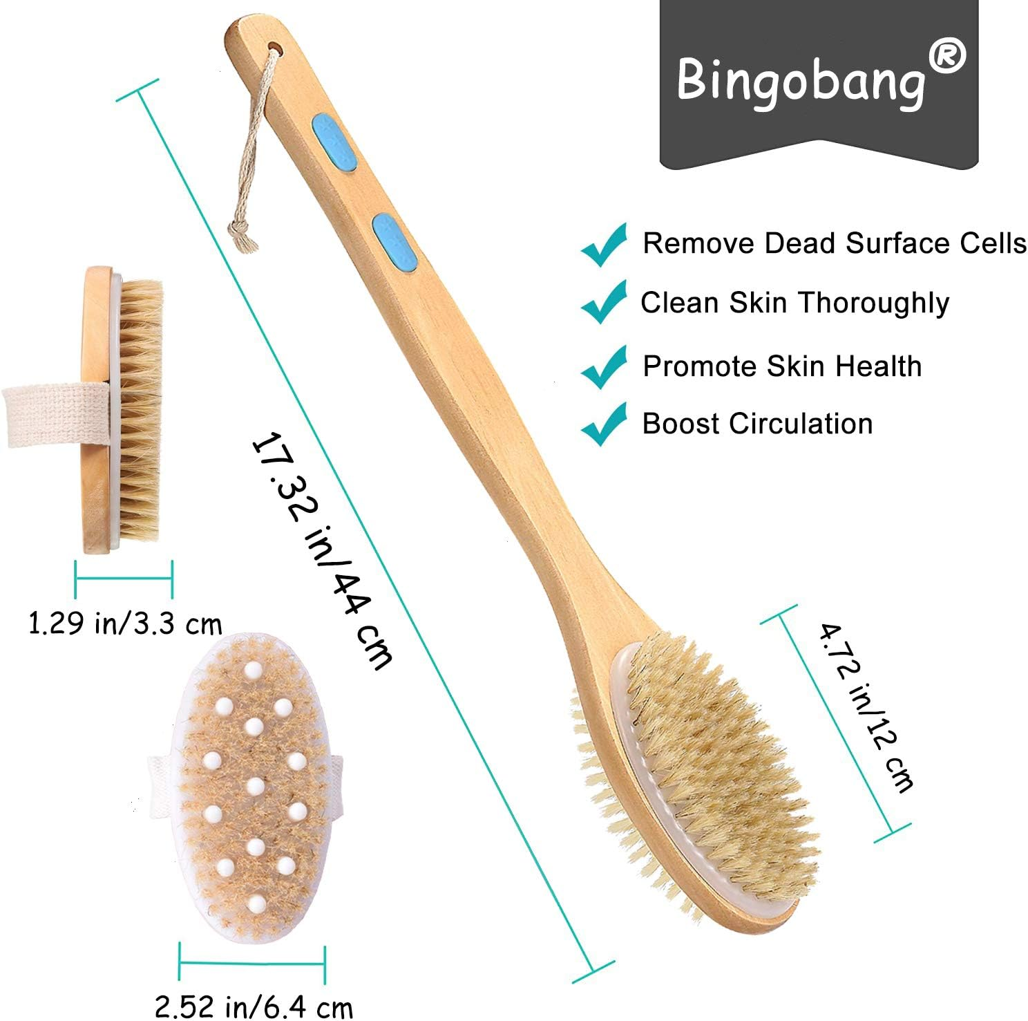Bingobang Shower Brush for Exfoliating Skin,Wet Dry Body Brush with Long Wood Handle,Bath Back Cleaning Scrubber for Cellulite,Lymphatic Massage,Blood Circulation,Foot Exfoliate Soft Stiff Bristles