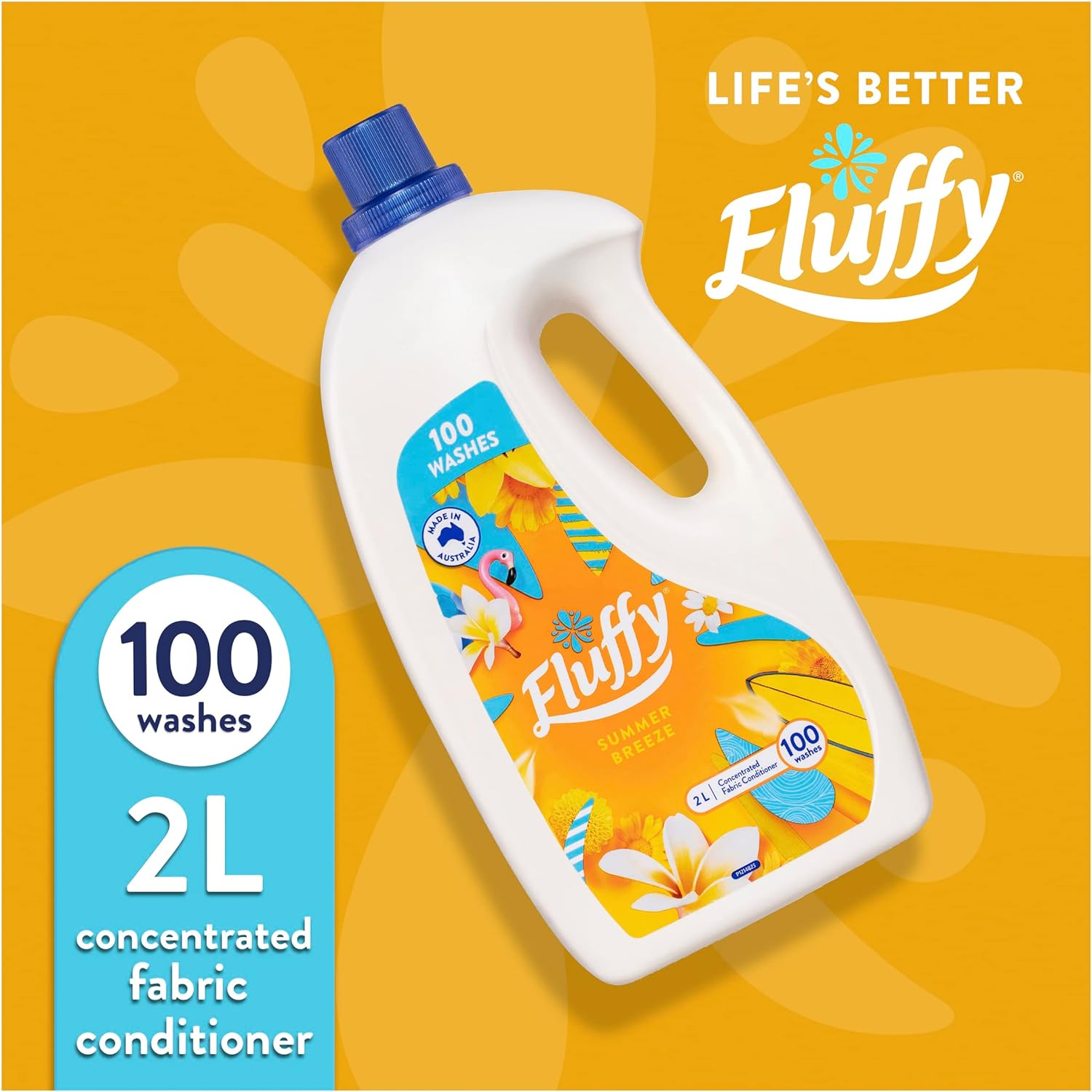 Fluffy Concentrate Liquid Fabric Softener Conditioner, 2L, 100 Washes, Summer Breeze, Long Lasting Freshness image number 3