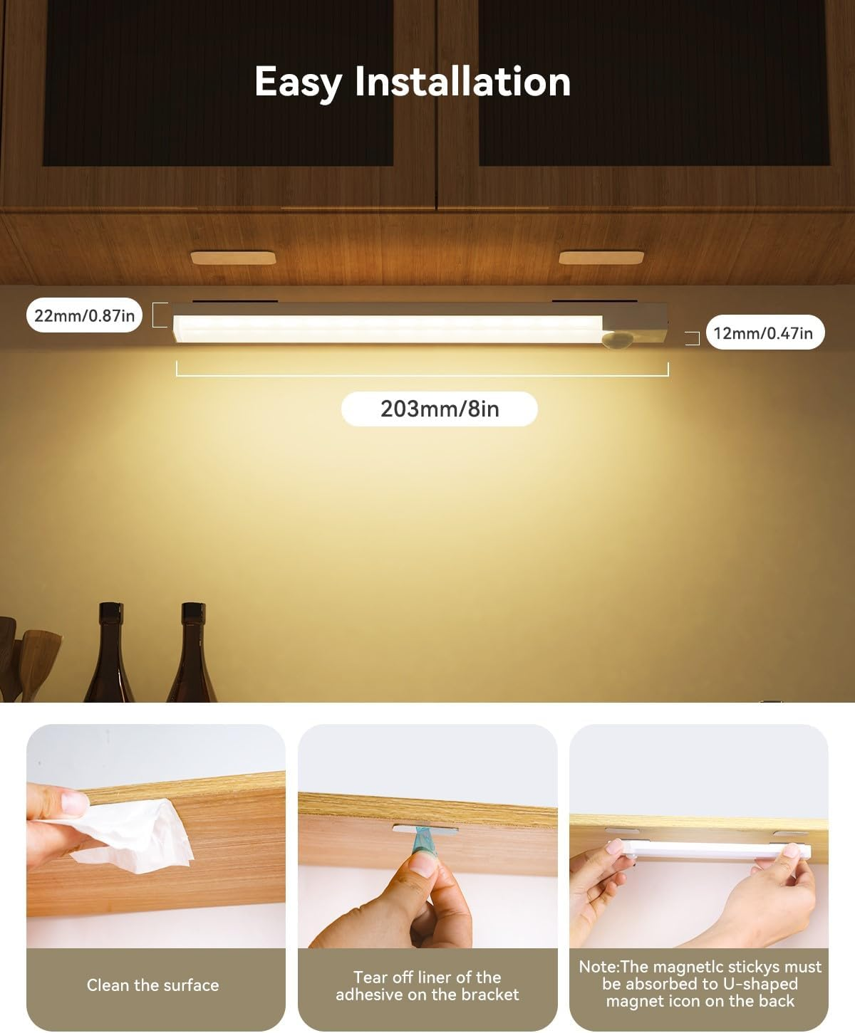 Under Cabinet Lighting 8 Inches Rechargeable Motion Sensor Light Indoor, 3 Color Dimmable Closet Light Battery Operated, USB Stick on LED Magnetic under Counter Lights for Kitchen Stair, 3 Packs image number 3