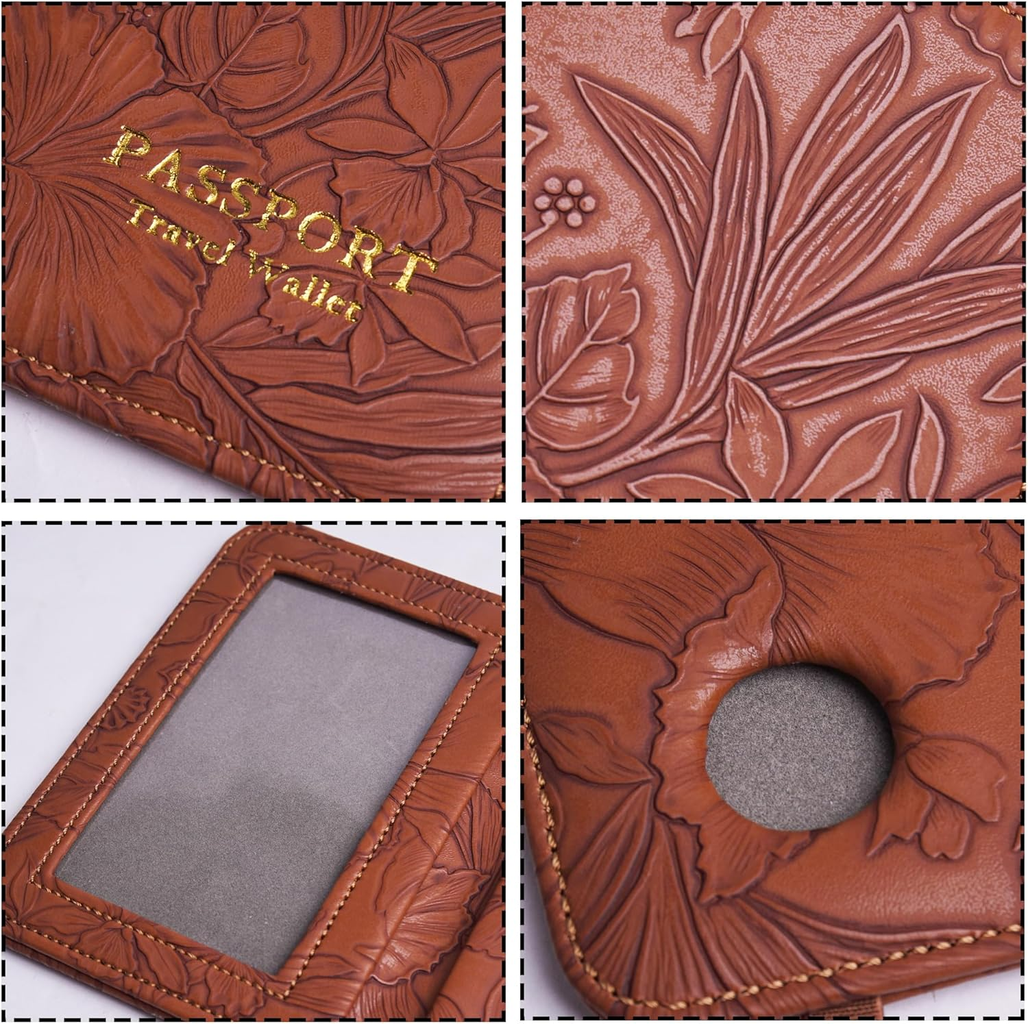 Lizimandu Passport Holder with Airtag Slot, Airtag Passport Wallet for Men Women, Slim Leather Passport Holder Case Family for Travel Anti-Lost, 1-Carved Light Brown, 1 Pcs - 1-Carved Black image number 2