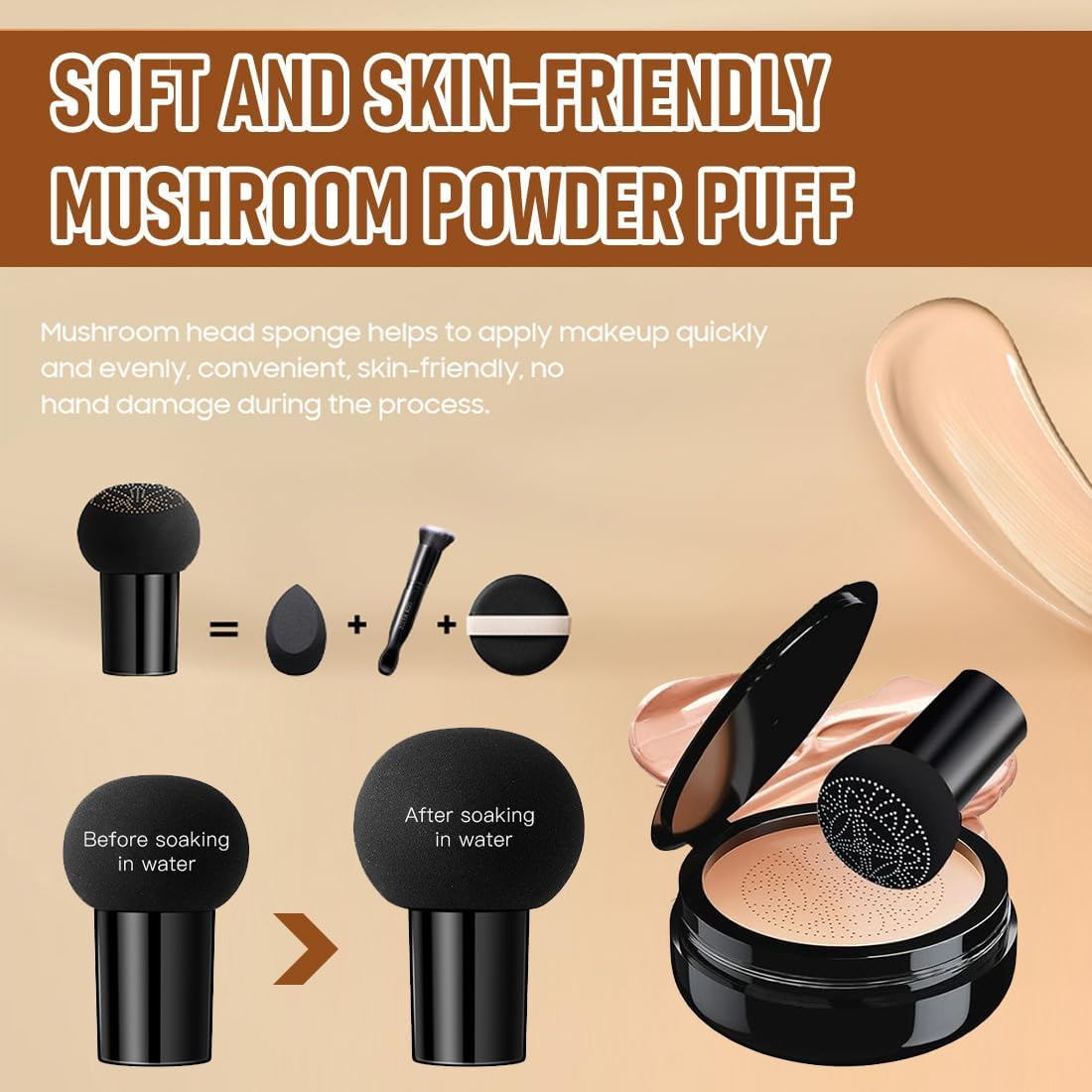 Mushroom Head Air Cushion CC Cream, Mushroom Head Air Cushion CC Cream, BB Cream Moisturising and Brightening Cushion Foundation Concealer Make up Beauty Cream (Nude Colour) image number 1