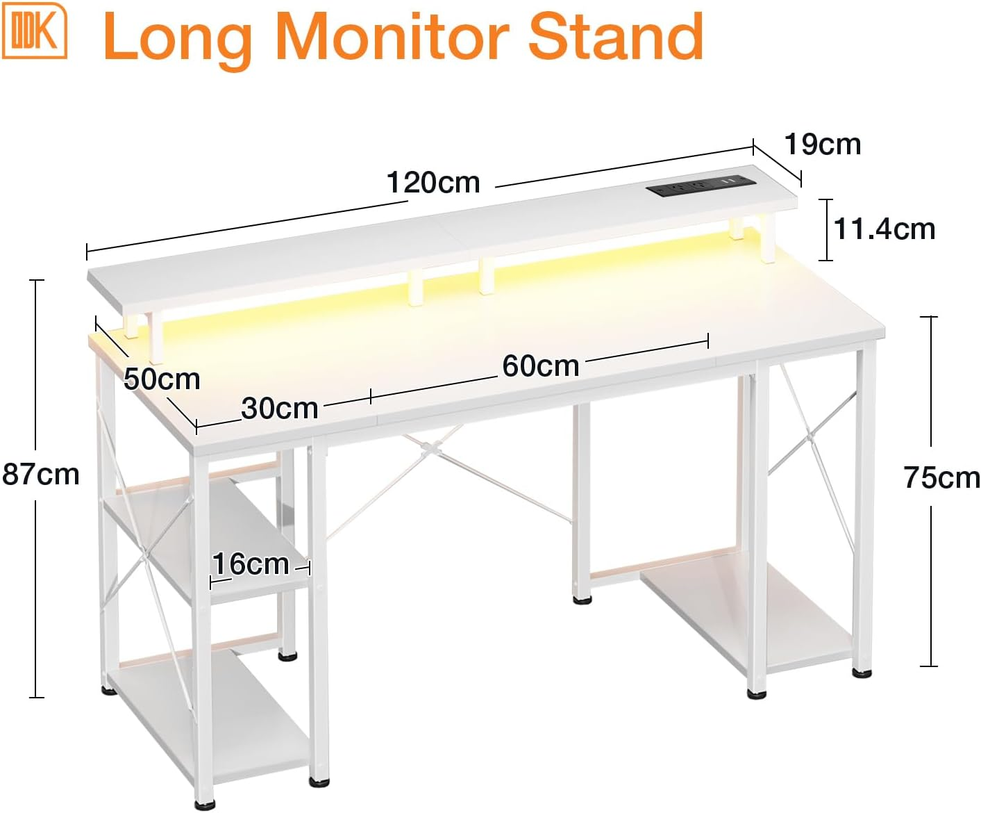 ODK Computer Desk with RGB Light Strip & Built-In Socket, Office Desk with Large Monitor Stand, Gaming Table with Monitor Stand, 120 * 50 * 86.8Cm,White image number 2