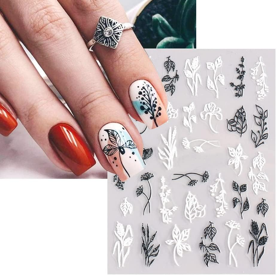 4 Sheets 3D Spring Nail Art Stickers, KXAMELIE Black and White Butterfly Flower Nail Stickers, Self-Adhesive Nail Polish Stickers, Simple Style for Acrylic Nails image number 5