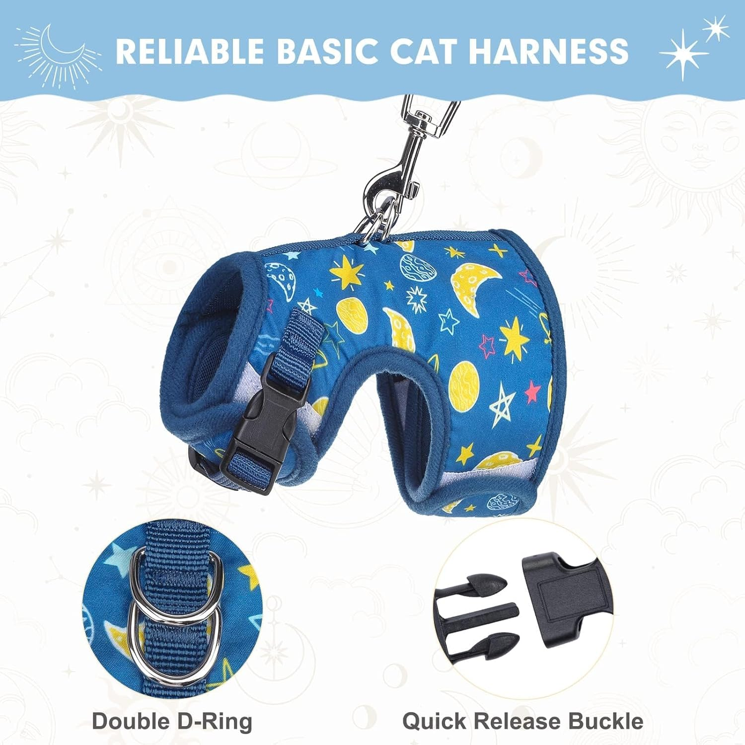 BINGPET Cat Harness with Leash Escape Proof - Fashionable Mesh Cat Dog Walking Harness Leads, Adjustable for Kitties Puppies Small Animals,Galaxy,L image number 6