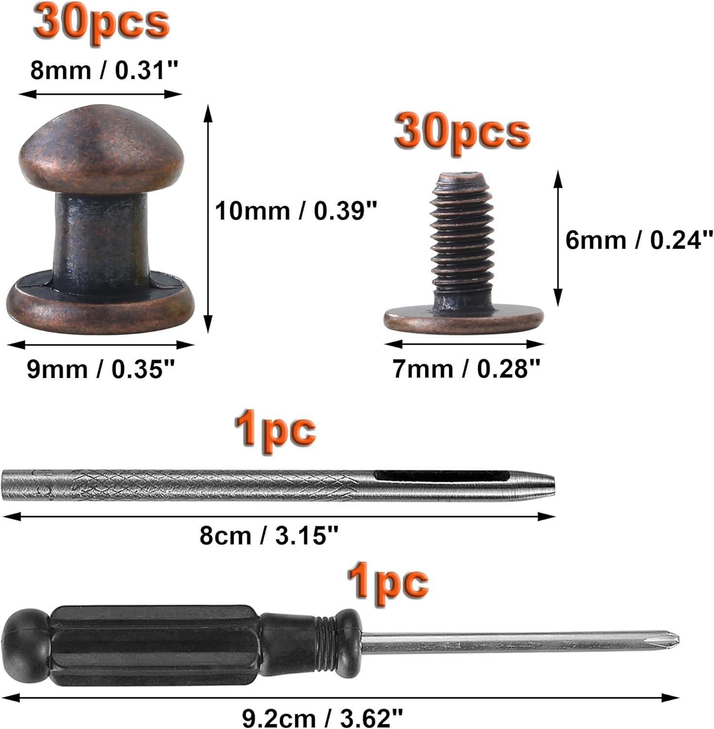 YORANYO 30 Sets 8MM round Head Button Stud for Leather Chicago Screws Spikes and Stud Leather Rivets Screws Button Rivets for Repair and Decorate Clothing Shoes Belts Bags Dog Collars (Antique Copper)