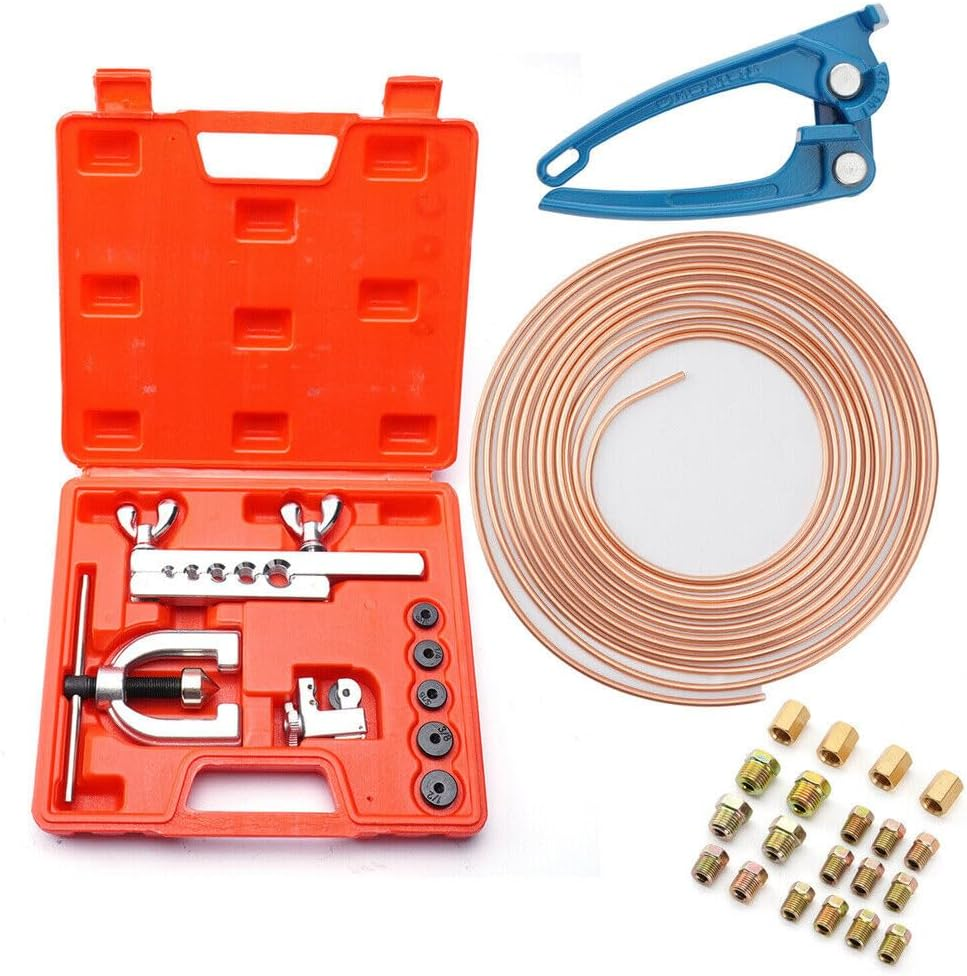 25 Ft 3/16" Copper Coated Brake Line Kit +Tube Bender (Includes 16 Fittings and 4 Unions Brake Line Fittings) + Brake Line Double & Single Flaring Tool Kit