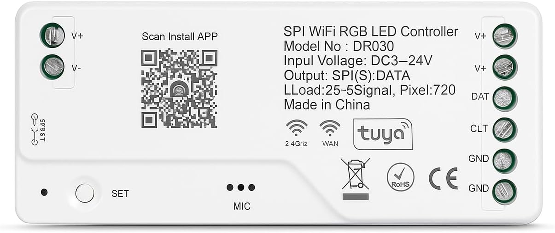 [At-E] Tuya DR030 Wifi RGB LED Controller, SPI Signal Output, DC 3-24V, 720 Pixels