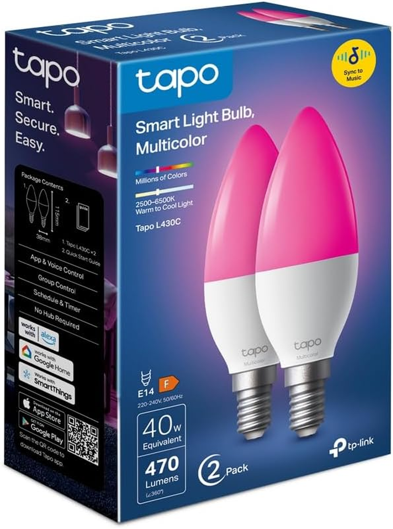 Tapo Tp-Link Wi-Fi Light Bulb, Multicolour, B38, E14, White Tunable, Dimmable, Smart Home, Schedule & Timer, Voice Control, APP Control, Sync-To-Sound, Energy Monitor(Tapo L430C(2-Pack))