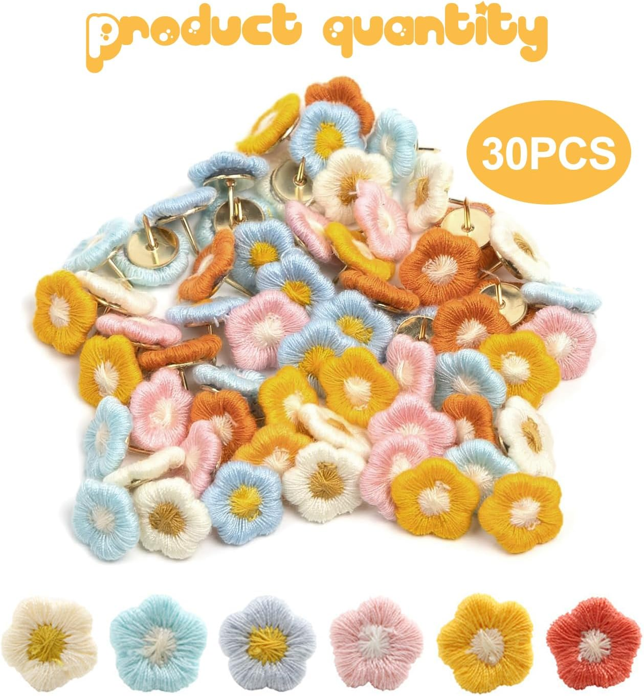 Funcyboo 30Pcs Cute Flower Push Pins, 6 Colors (White, Green, Blue, Pink, Yellow, Orange), Stainless Steel & Fabric, Decorative Office & Home Display image number 2