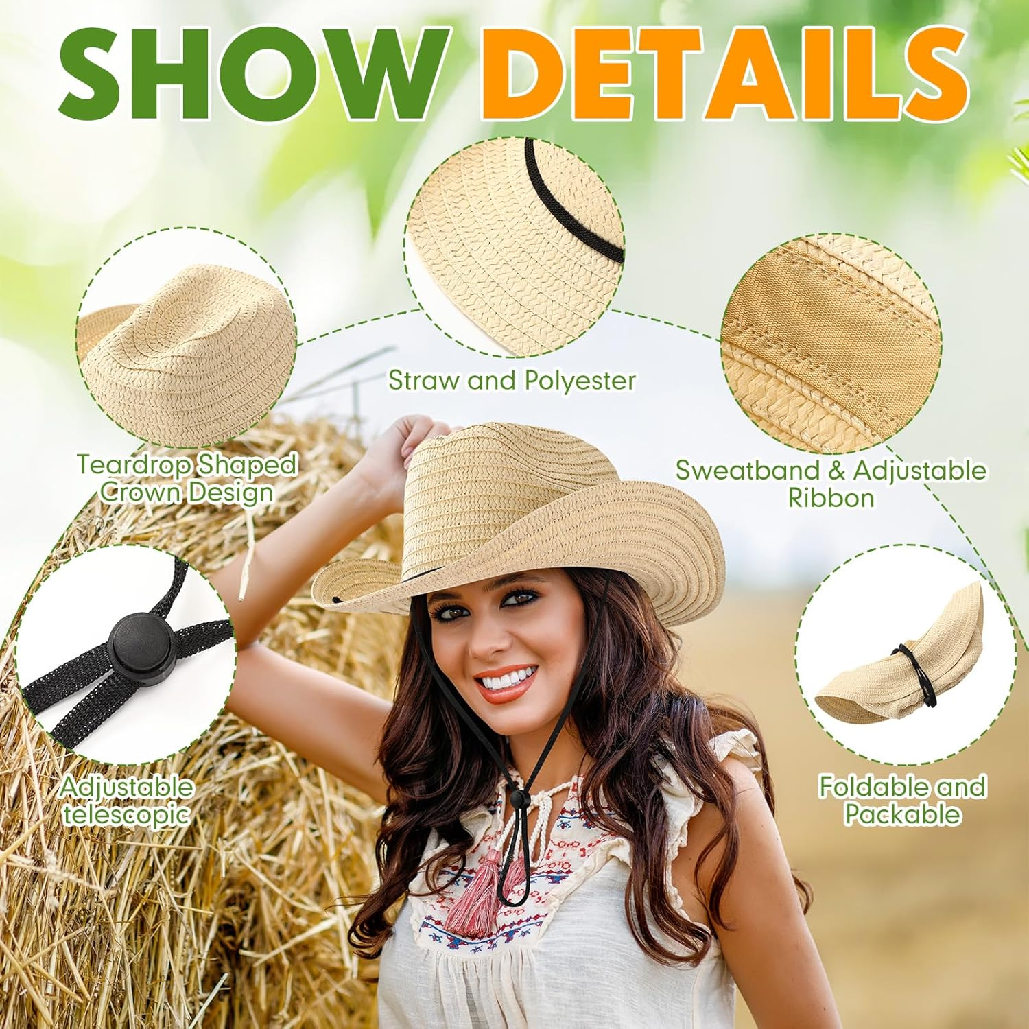 Unittype Adult Cowboy Hat Bulk Western Party Straw Hat Unisex Cowboy Cowgirl Set for Women Men image number 6