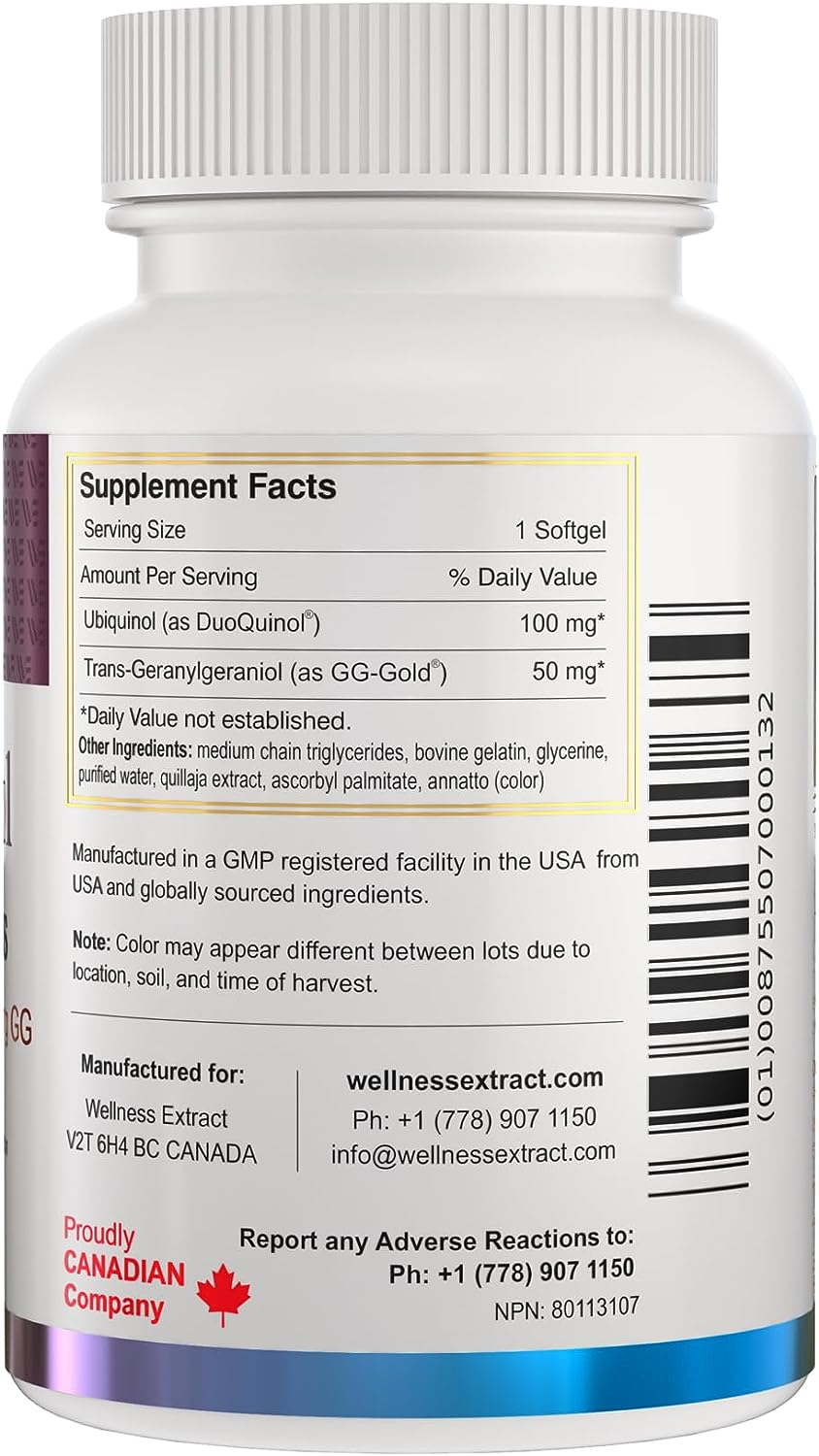 Wellness Extract Bioquinol Ubiquinol (Coq10) with Geranylgeraniol &ndash; Master Antioxidant for Heart Health, Cellular Energy 150Mg 60 Softgels image number 6