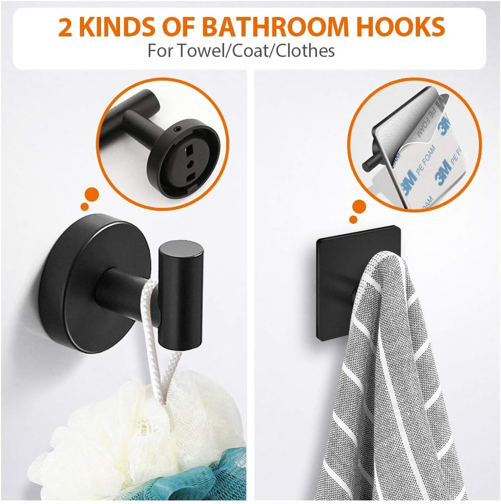 Tudoccy 5-Pieces Matte Black Bathroom Hardware Set SUS304 Stainless Steel round Wall Mounted - Includes 16" Hand Towel Bar, Toilet Paper Holder, 3 Robe Towel Hooks,Bathroom Accessories Kit