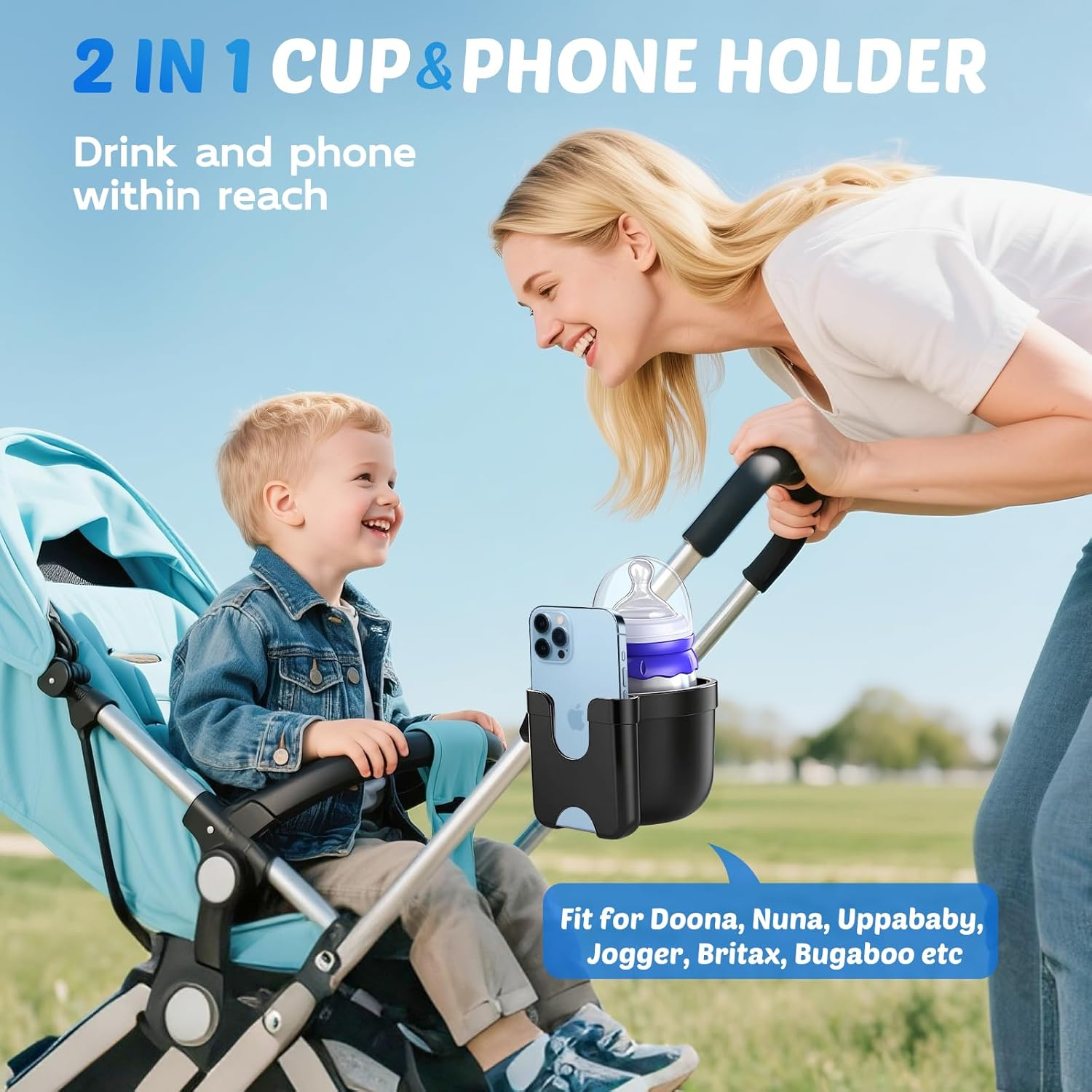 Guiseapue - Stroller Cup Holder with Phone Holder, Universal Bottle Holder for Wheelchair Walker Bike Scooter Stroller Accessories for Uppababy Nuna Bugaboo Doona Stroller Gifts for Women Mom Men - Black-2 image number 3