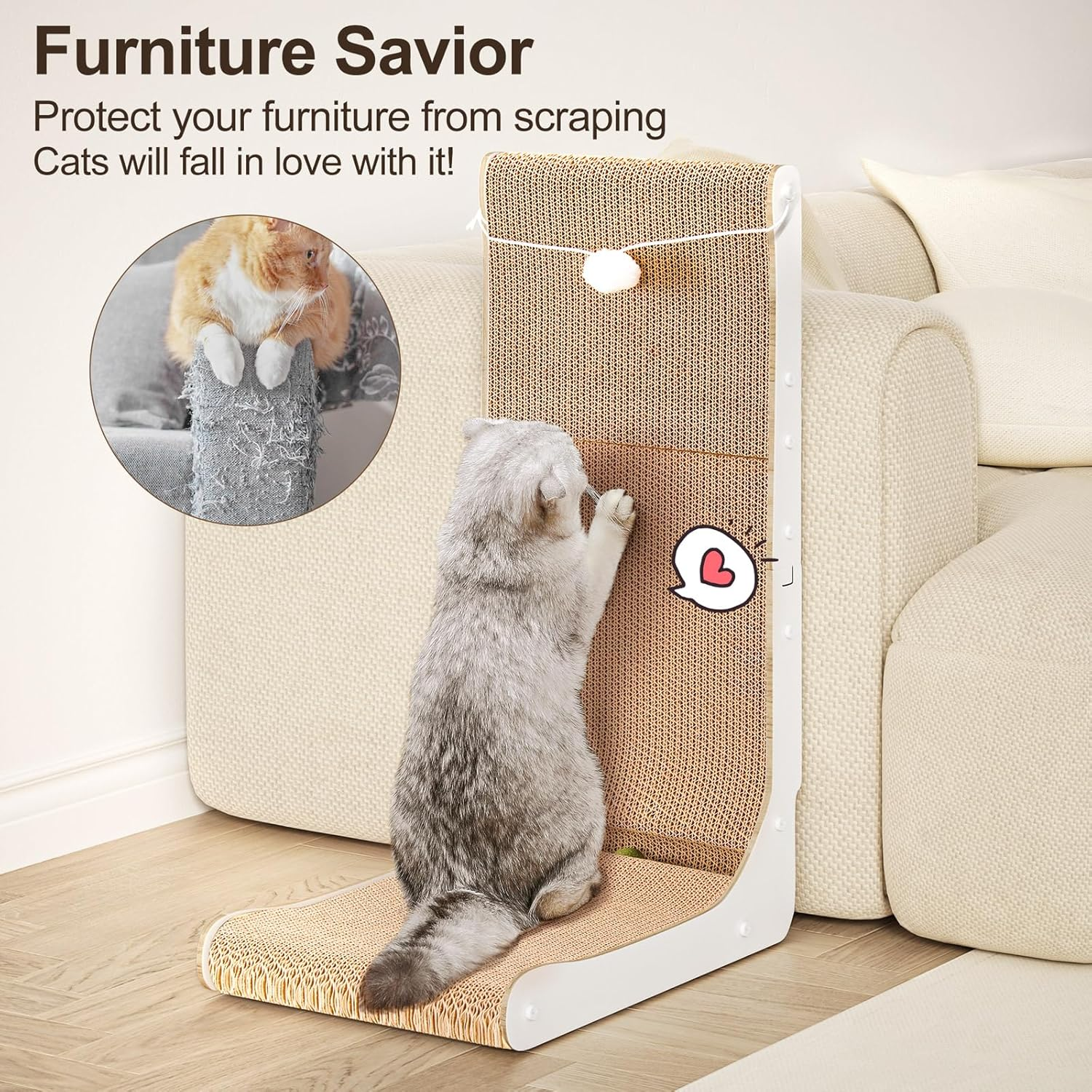 Gimars Vertical Cat Scratcher, L-Shape 26.8'' Cat Scratching Cardboard with Balls, Large Size Cat Scratch Pad Wall Mounted, Cat Toys for Protecting Furniture image number 1