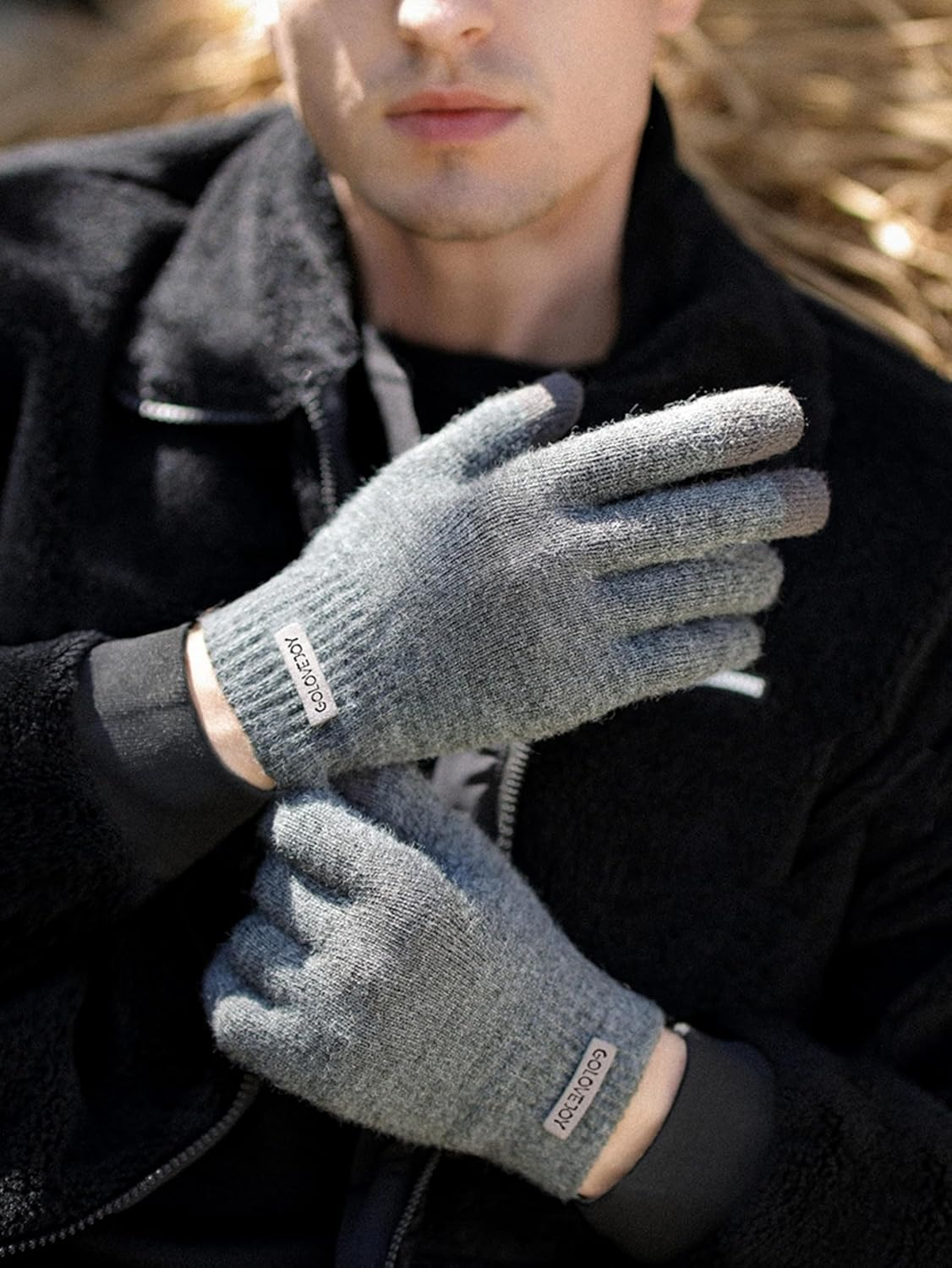 Father'S Day Ideal Gift Thermal Knit Gloves,Fleece Lined Winter Gloves for Men,Grey Thick Warm Wool Gloves,Non-Slip & Anti-Pilling,Touchscreen Compatible（L-Xl） image number 6