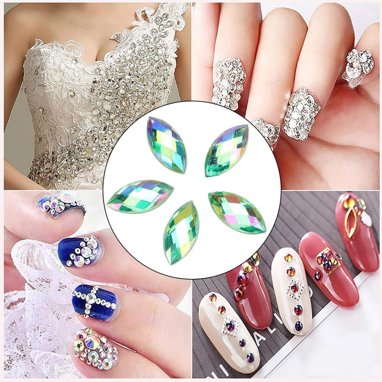 Pack of 500 Shiny AB Rhinestones Flat Back Horse Eye Crystal Rhinestone Light Green Gemstones Decorations for DIY Accessories 7 X 15 Mm image number 3