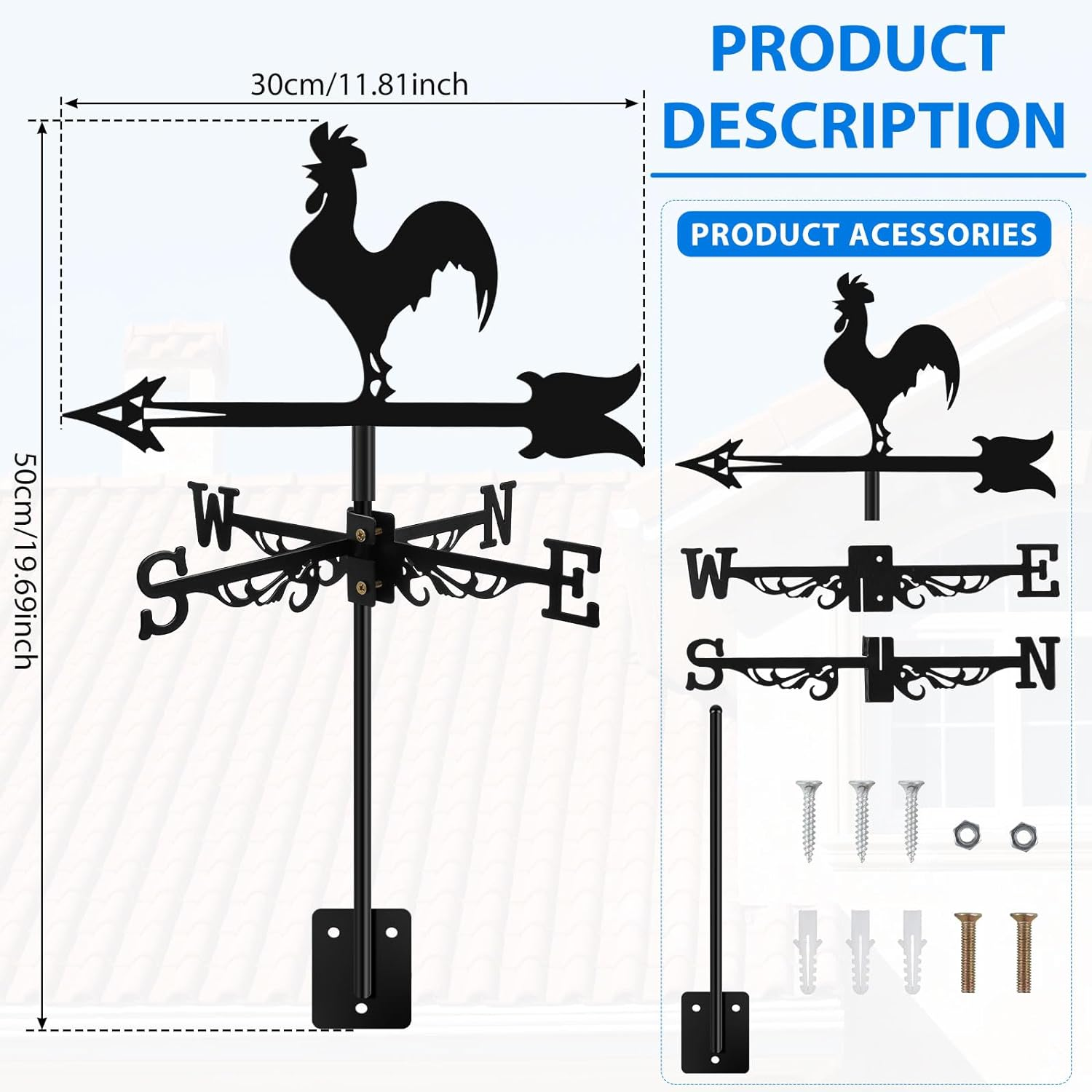 Chicken Wind Vane Rustproof Wind Direction Indicator Decorative Rooster Weathervane Black Weather Vane Large Weather Vane Ornament European Style for Patio Roof Gardens Decoration image number 3