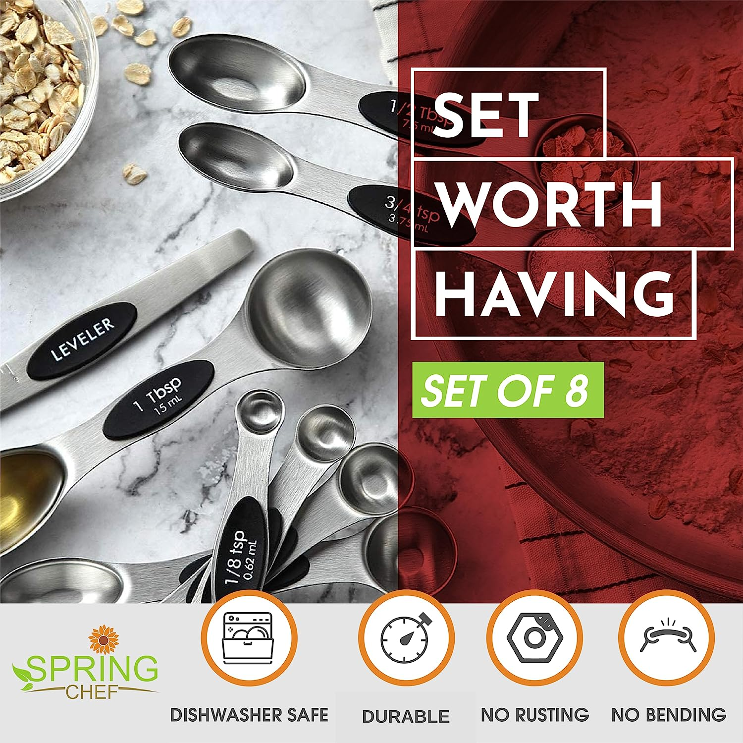 (Magnetic) - Spring Chef Magnetic Measuring Spoons Set, Dual Sided, Stainless Steel, Fits in Spice Jars, Set of 7 image number 1