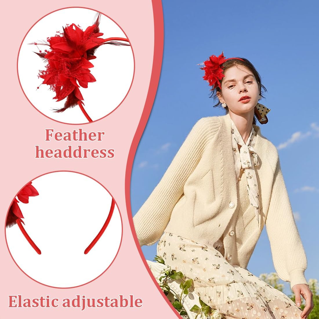 Pack of 2 Feather Headband with Artificial Flowers, Retro Hair Band Fascinator for Carnival Cocktail Wedding Tea Party Accessories image number 2