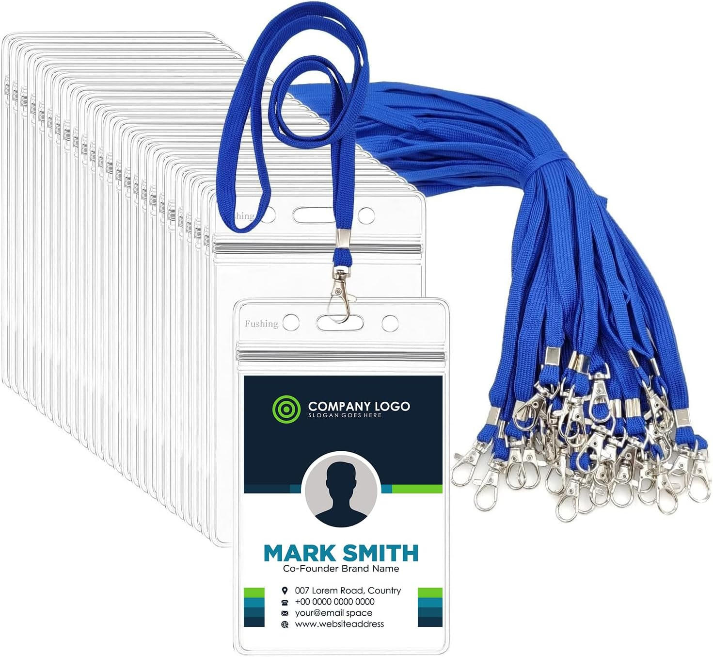 Fushing 50Pcs Clear Plastic Vertical Name Tags Badge ID Card Holders and Blue Neck Lanyards with Swivel Hook for School, Festival, Event image number 6