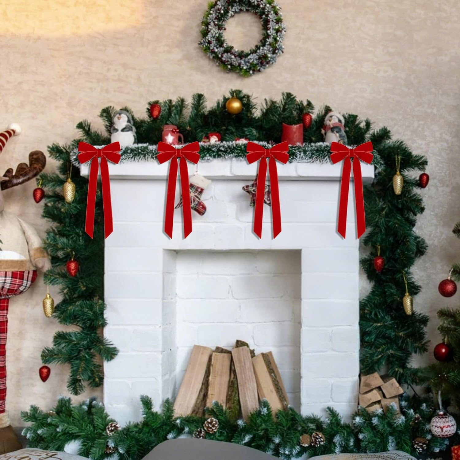 ZZWILLB 12Pcs Velvet Ribbon Bows Christmas Tree Decorations,13Cm X 26Cm Xmas Ornaments for Tree Home Party Front Door Wreath Garland Holiday Decor (Red) image number 1