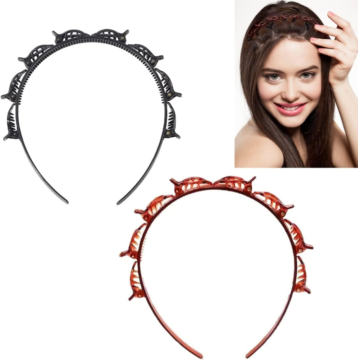 JZK 2 X Hairpin Headband, Plastic Double Layer Twist Plait Hairpin Headbands Hair Band Styling Accessories for Girls Women (Black + Brown)