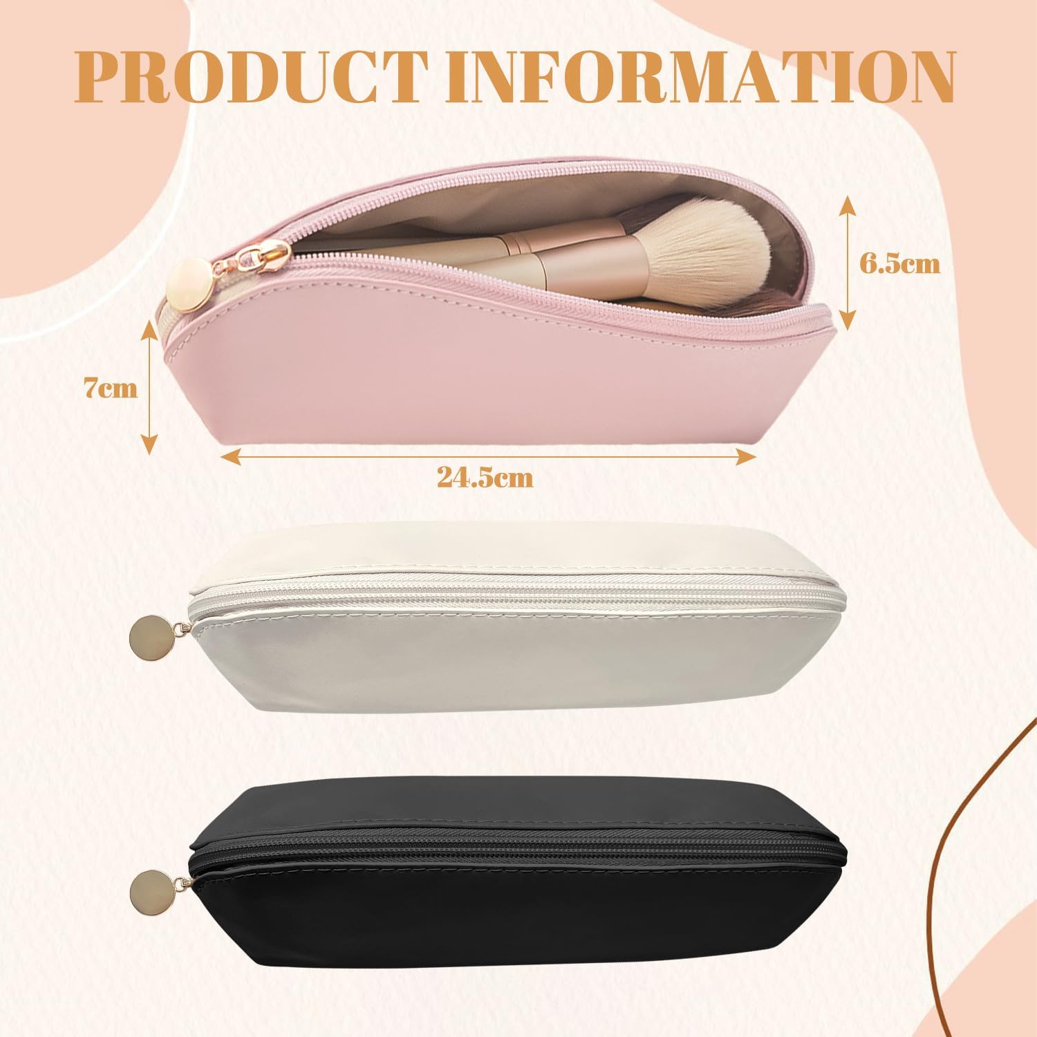VLYX 3 PCS Makeup Brush Travel Bag Large PU Leather, Waterproof Cosmetic Organizer Zipper Pouch, Portable Anti-Fall Brush Holder for Travel Outdoor Bags image number 3
