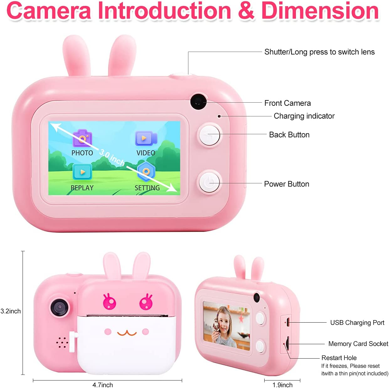 MINIBEAR Kids Instant Print Camera with 3&rsquo; Touch Screen, 28MP Digital Camera for Kid, 1080P Kids Selfie Video Camera, Children Toy Camera with 32GB TF Card for Boys and Girls（Pink） image number 2