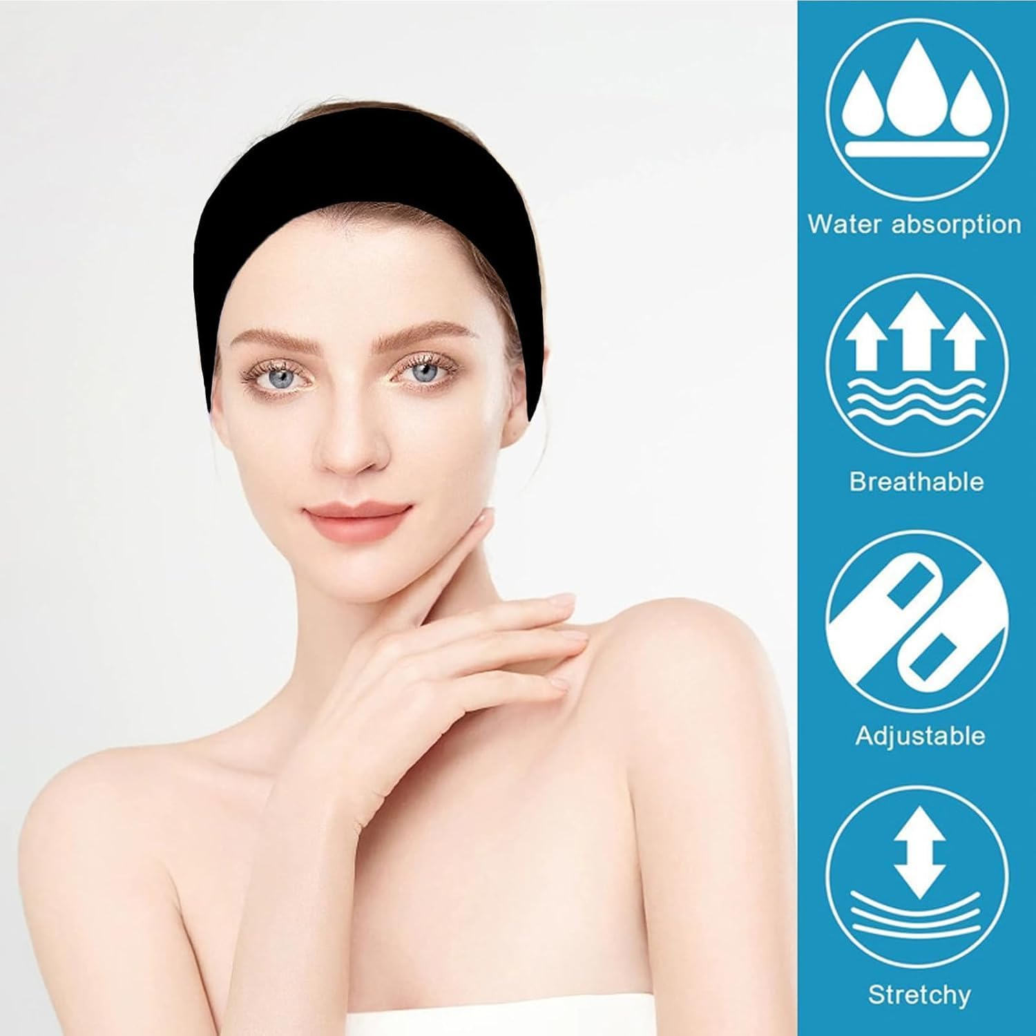 3 Pack Spa Headbands &ndash; Adjustable Skincare & Facial Head Wrap with Non-Slip Tape, Soft Terry Cloth Headband for Washing Face, Makeup, Shower, Yoga & Gym (Black, White, Grey) image number 4
