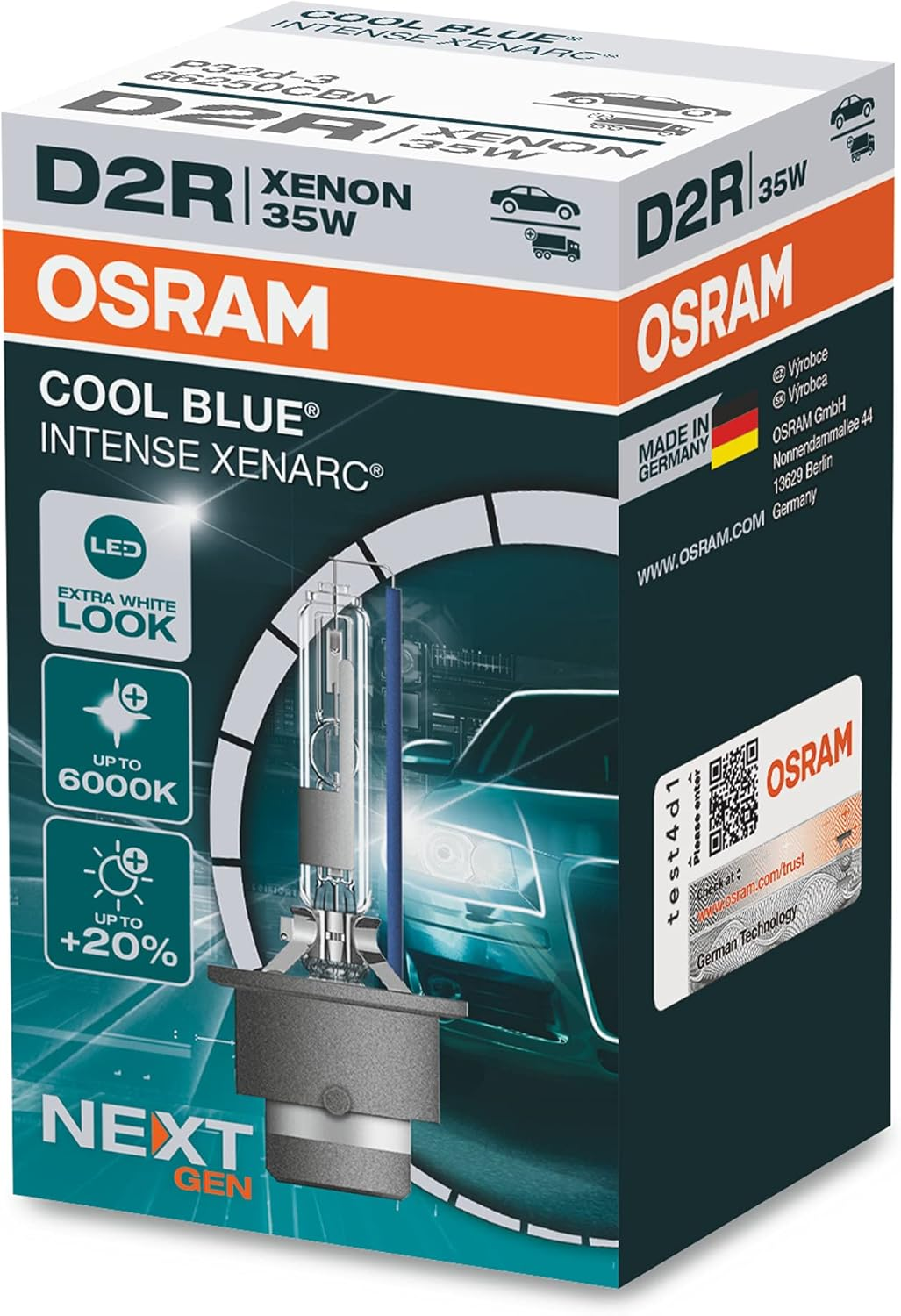 OSRAM Cool Blue&reg; Intense HIR2, +100% More Brightness, up to 5,000 K, Halogen Headlight Lamp, LED Look, Folding Box (1 Lamp)