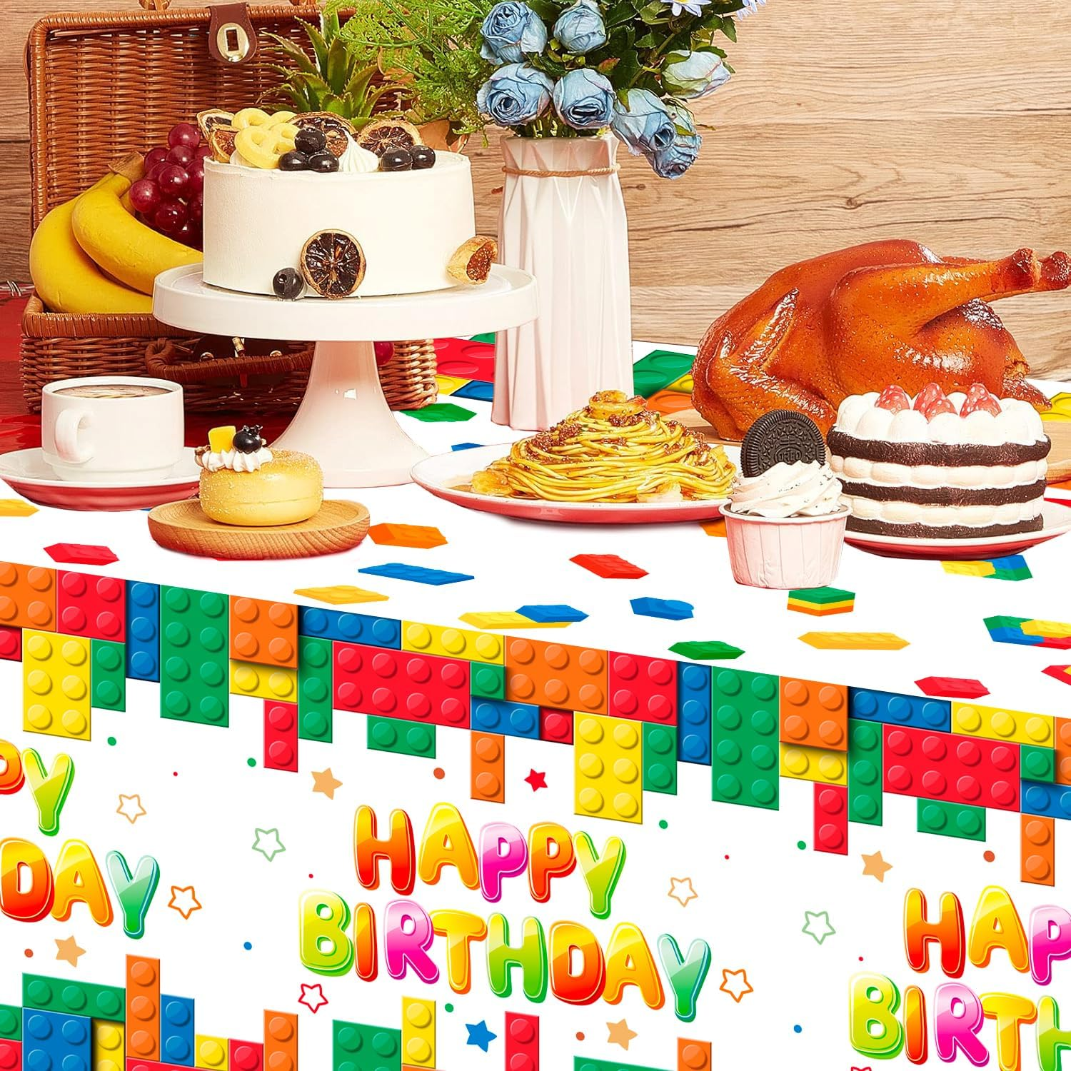 Building Block Party Tablecloths, 3Pcs Building Block Party Decorations Tablecloths Set - Building Blocks Tablecloth, Table Cover for Birthday Supplies image number 1