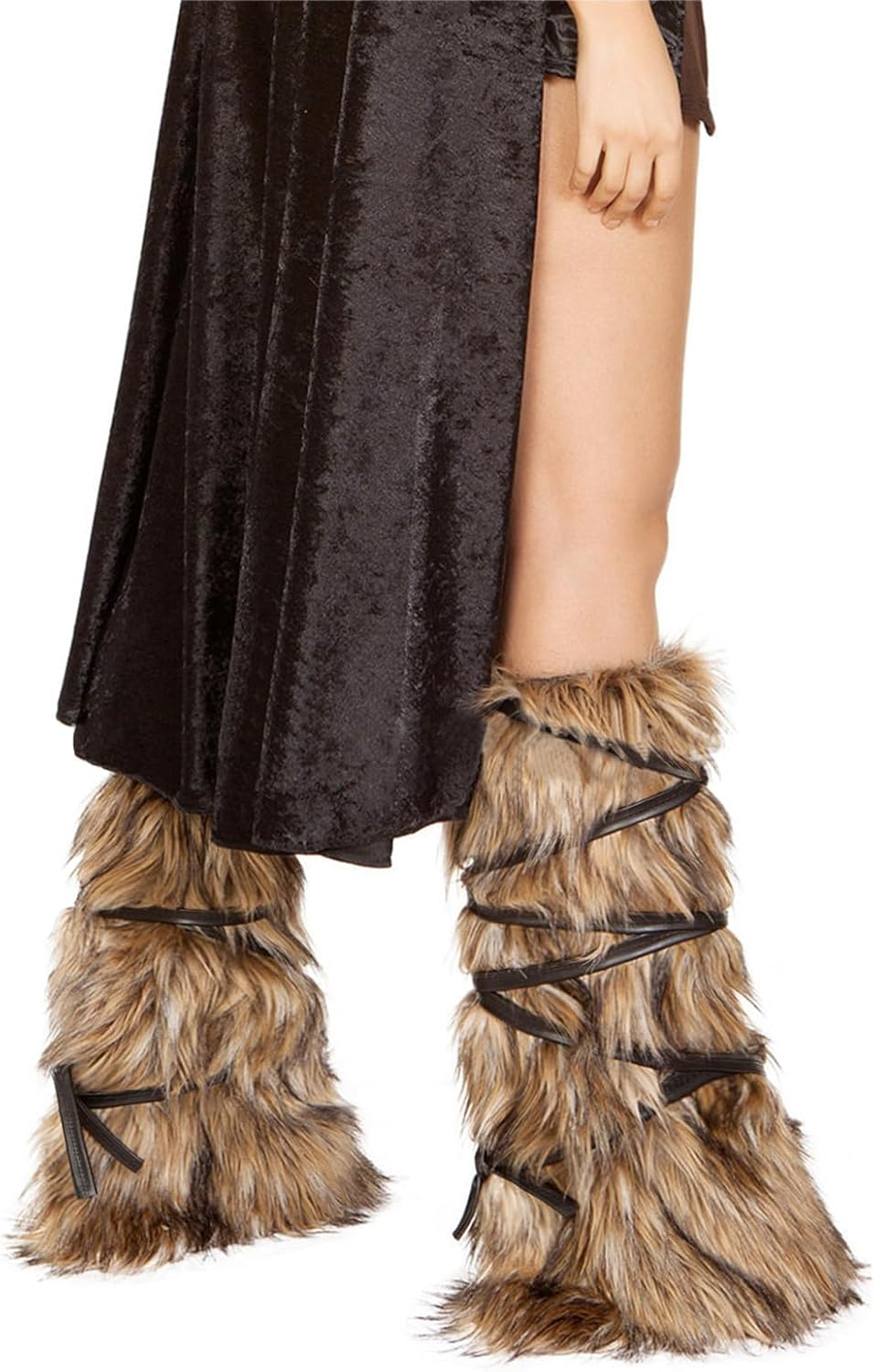 Halloween Viking Warrior Costume Set Brown Faux Fur Arm & Leg Warmers Fluffy Long Boot Cuffs Covers Arm Wrap for Women Adult image number 2