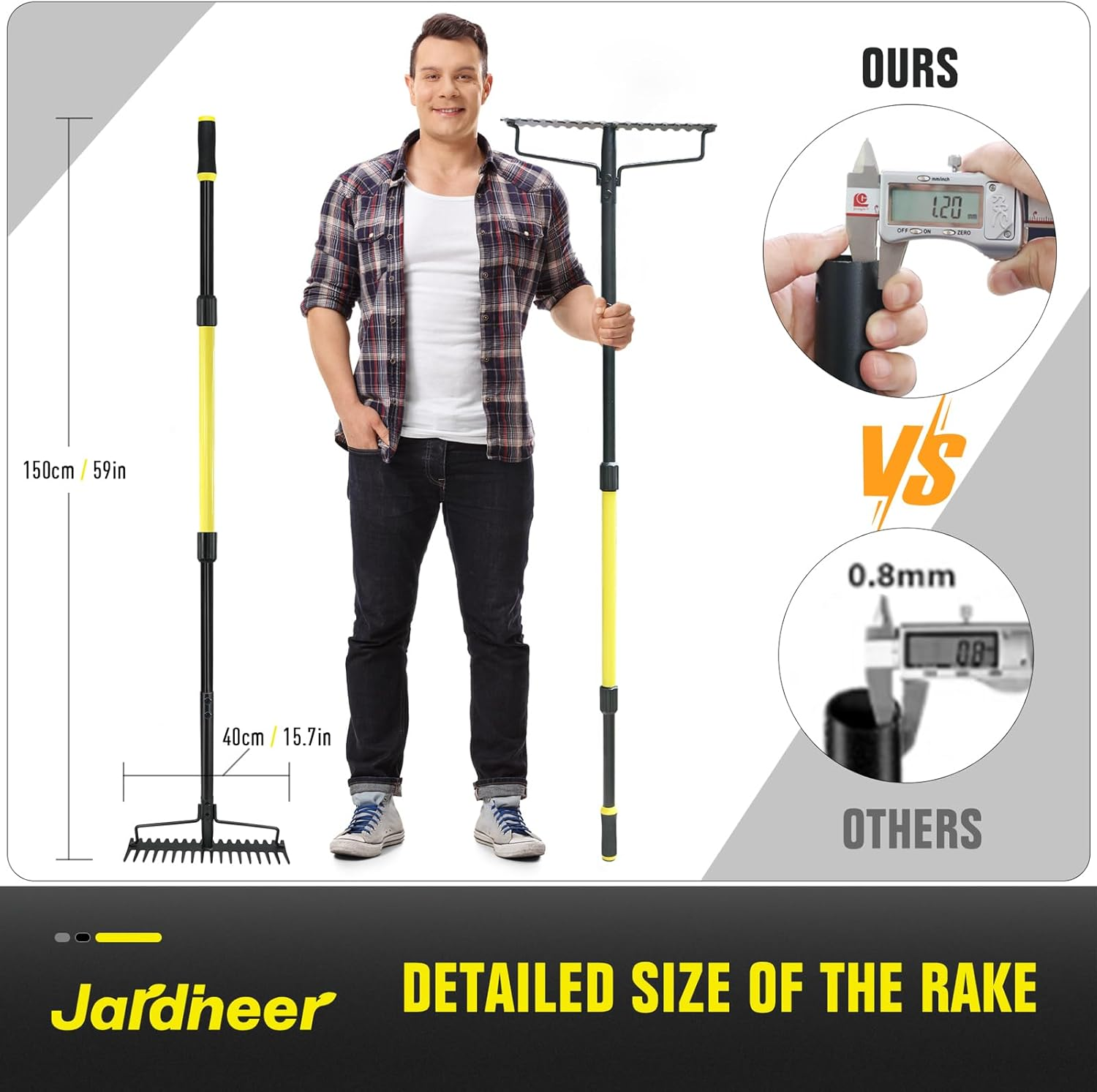 Jardineer Bow Rake Heavy Duty, Long Handle Metal Rakes for Gravel, Rocks, Lawns Leaves, Soil Leveling, Landscaping, Garden Rake with 18 Steel Tines (59 Inches) image number 2