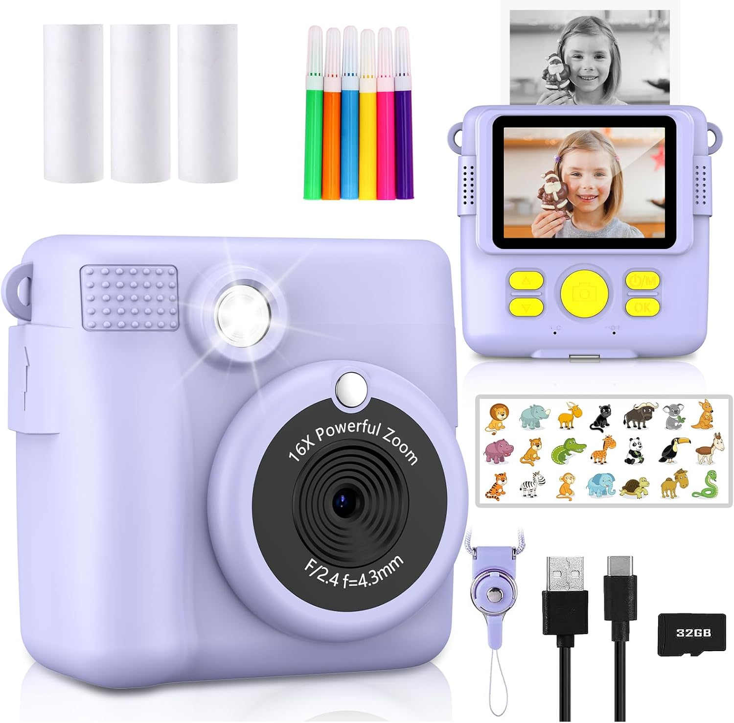 Instant Print Camera for Kids,Christmas Birthday Gifts for Age 3-12 Girls Boys，1080P HD Digital Video Cameras for Toddler,Kids Portable Toy with 3 Rolls Photo Paper，32Gb Card-Purple image number 4