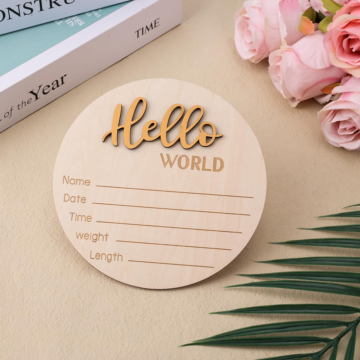 Baby Announcement Sign, 5.9 Inch Wooden Hello World Newborn Welcome Sign Birth Announcement Name Plate for Hospital Nursery (Dark Gold) image number 3