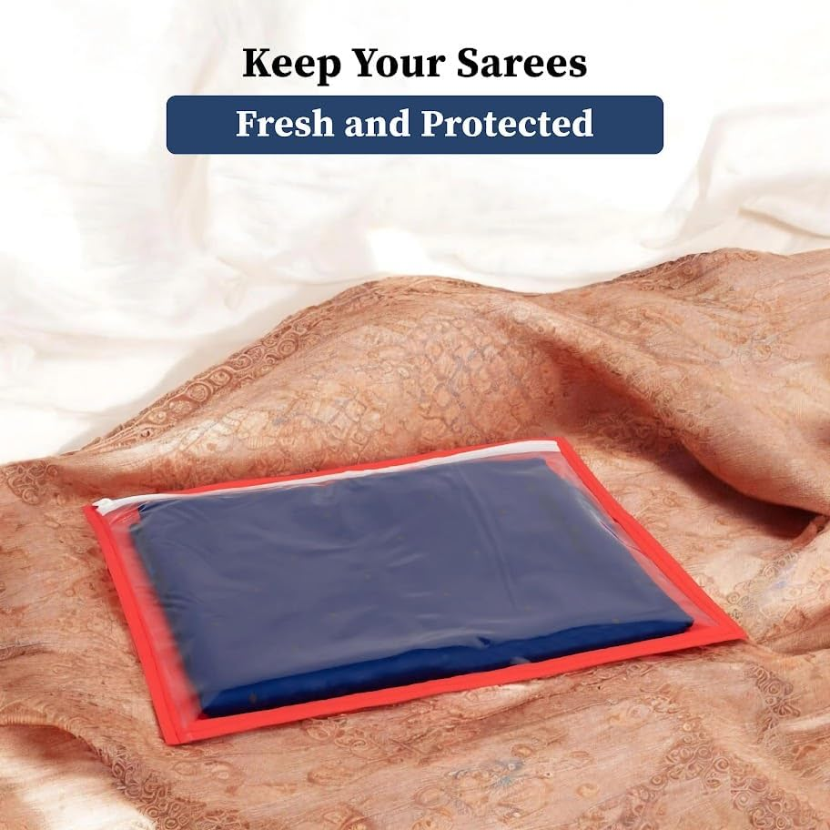 Homestrap Set of 24 Single Saree Covers | Transparent Top, Foldable & Zip Closure | Clothes Storage Bag & Wardrobe Organizer | Dust & Moisture Resistant Organizers |Red,Polypropylene - Beige image number 2