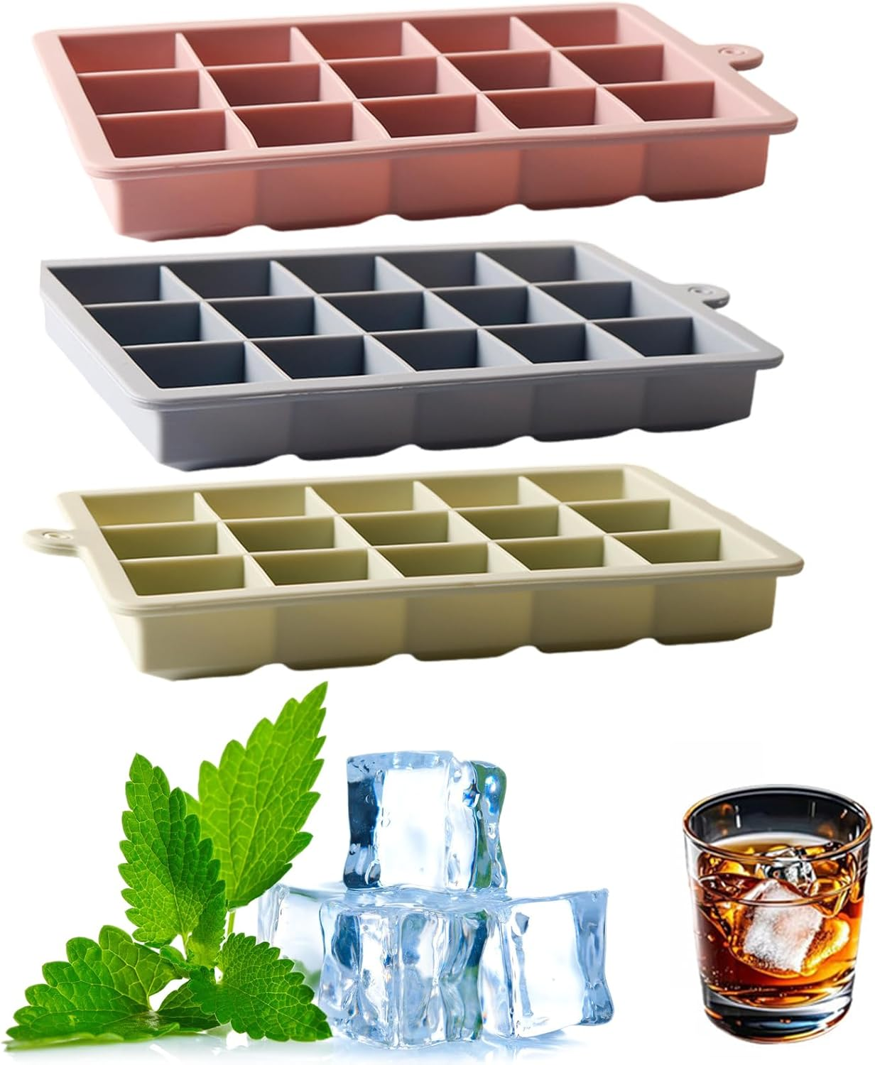 Silicone Ice Cube Tray with Lid, 3 Pack 45 Cubes, BPA Free Reusable Molds for Whiskey, Cocktail & Baby Food (Blue, Pink, Green) image number 4