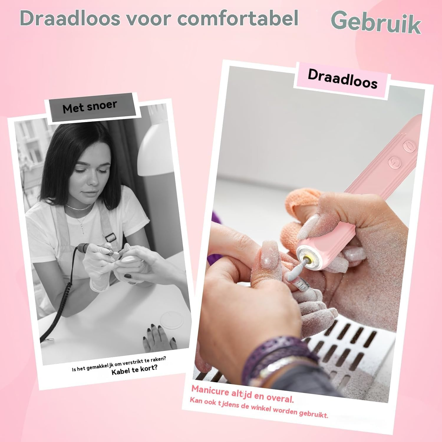 AOMEES Cordless Electric Nail Drill Bit Set, Portable Nail File Set for Acrylic and Gel Nails, Manicure and Polishing with 100 Sanding Bands (Pink) image number 4