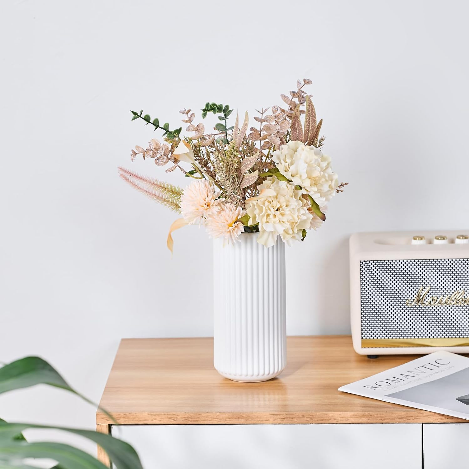 White Ceramic Flower Vase for Pampas Grass, 8 Inch Small Decorative Centerpiece Ribbed Vase for Dining Table, Office Desktop, Shelf Bookshelf, Mantel, Entryway, Bathroom, Countertop, Farmhouse, Gift image number 5