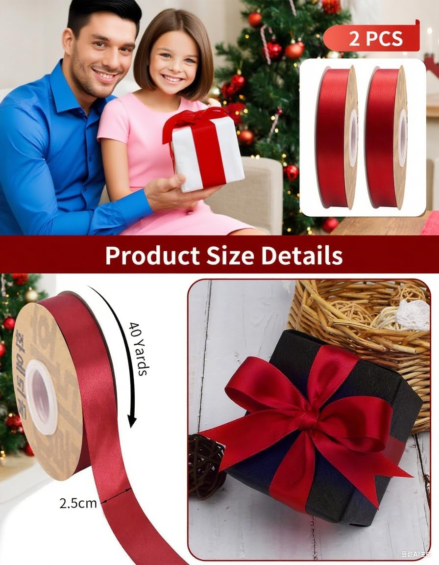 2 Rolls Double Sided Solid Polyester Satin Ribbons, 1Inchx25Yards Creative Satin Ribbon, Solid Color Fabric Ribbon Perfect for Gift Wrapping, Flower Bouquet, Crafts, Sewing, Wedding Party D&eacute;cor (PK) image number 4