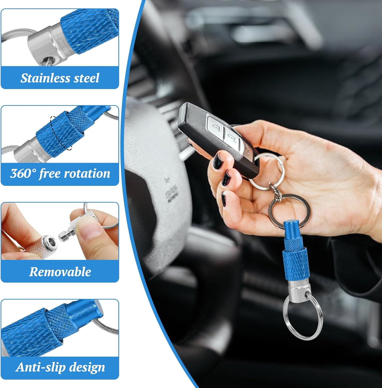 Pack of 2 Quick Release Key Chains, Removable & 360&deg; Rotating Key Ring with 4 Key Rings, Metal Key Organiser in Dark Blue & Silver for Car, Home, Men and Women image number 2